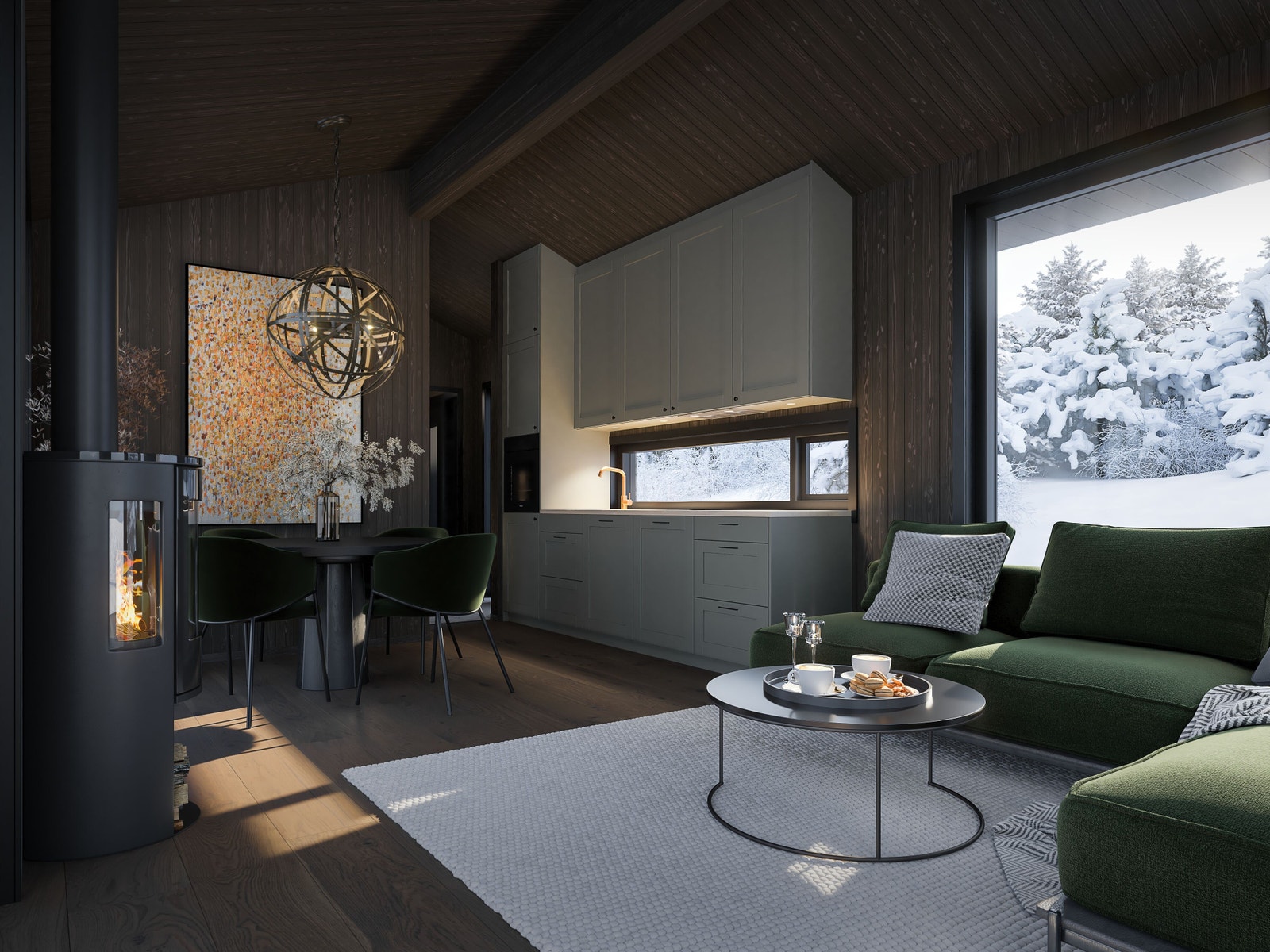 Lekkert kjøkken fra Uvdal Snekkerverksted, stort panoramavindu mot syd. Mørk Lodge stil Galleribilde