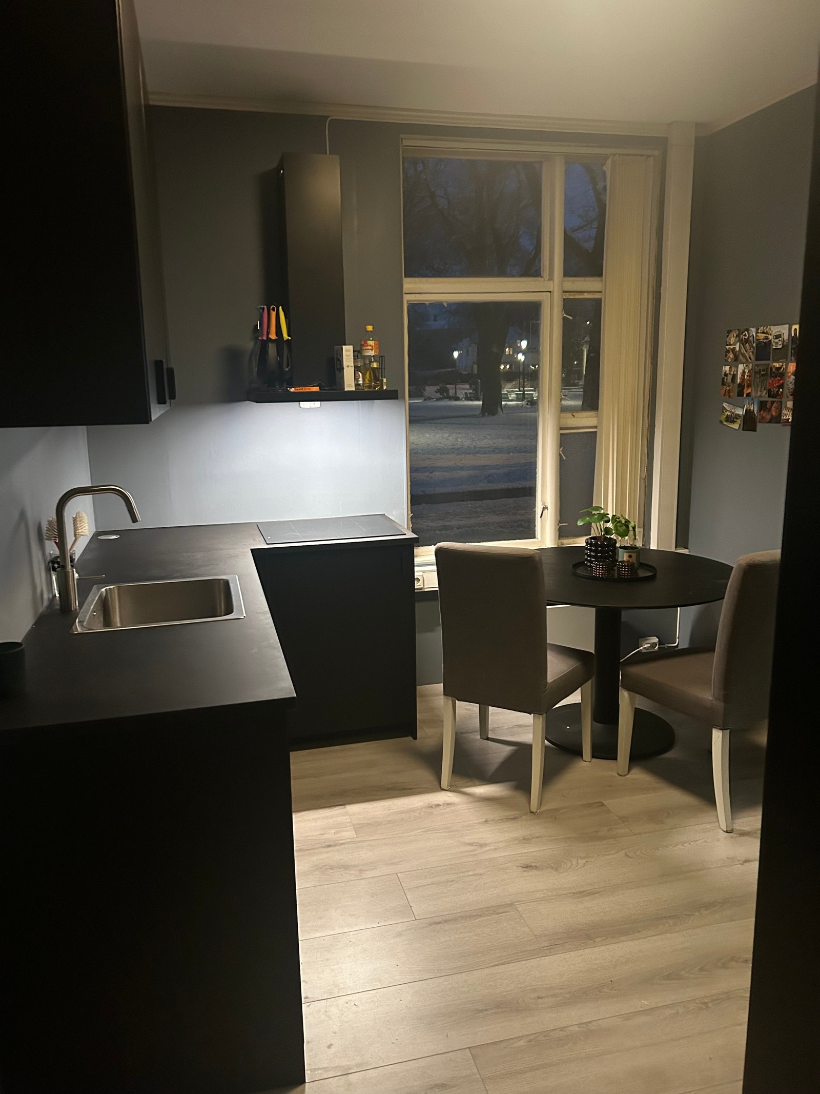 Kjøkken med hvitevarer. Oppvaskemaskin, koketopp, vifte, ovn, kjøleskap, frys Galleribilde