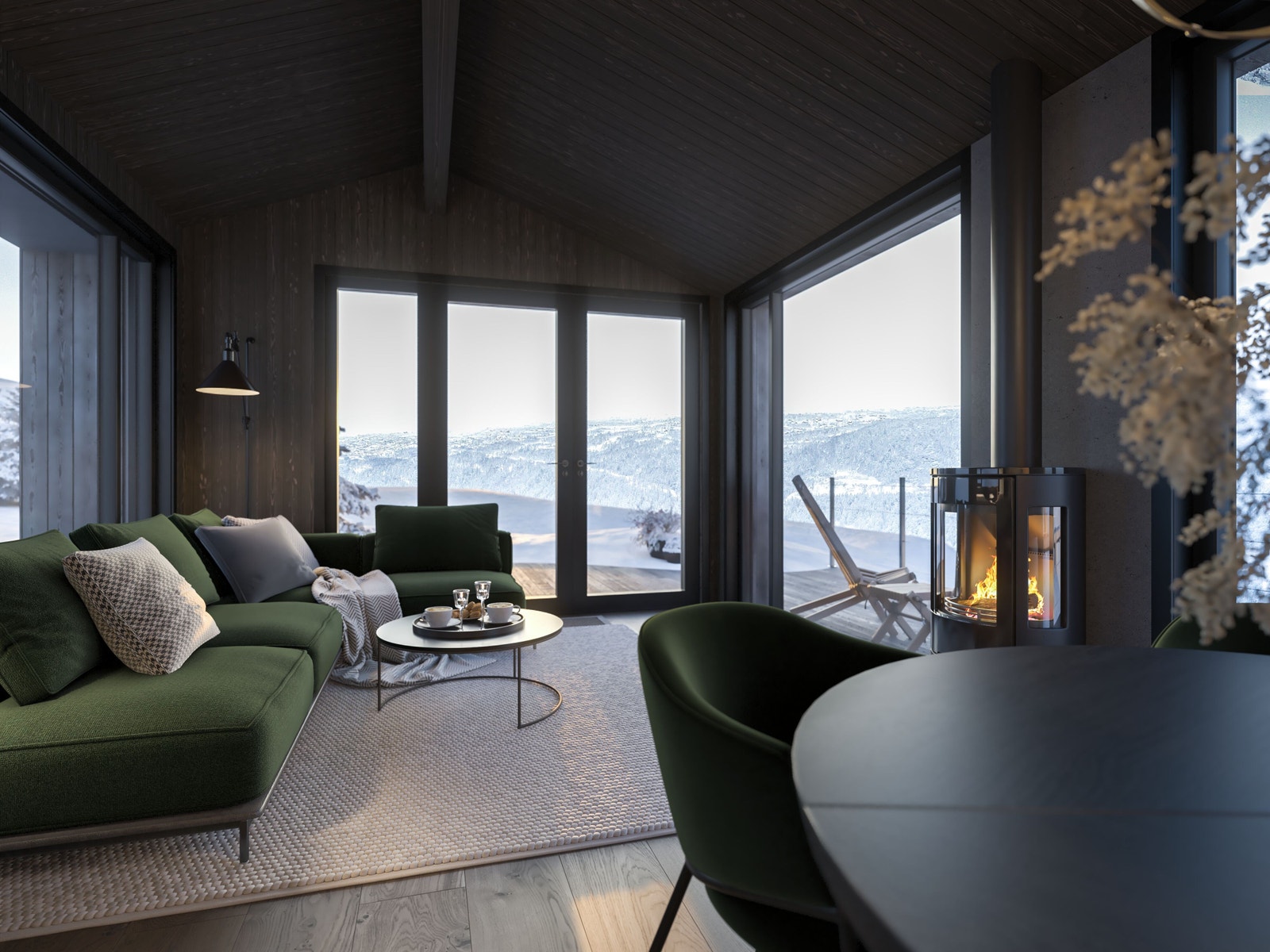 Panoramautsikt og peis, høyt under taket og 2,4 meter høye vinduer gir fantastisk lys. Mørk Lodge stil Galleribilde