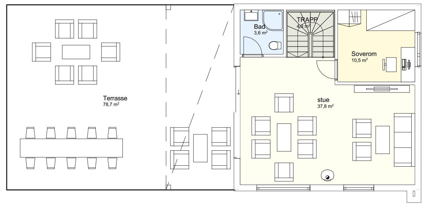 Boligens planskisse i 3. etasje. Utgang til diger takterrasse.