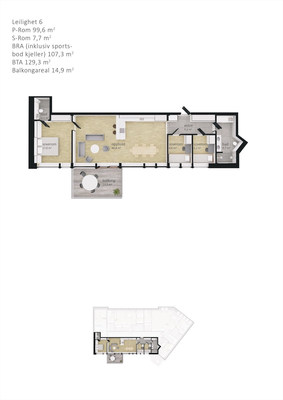 Innholdsrik leilighet med 3 soverom og to fullverdige bad, der det ene nås fra hovedsoverommet. Galleribilde