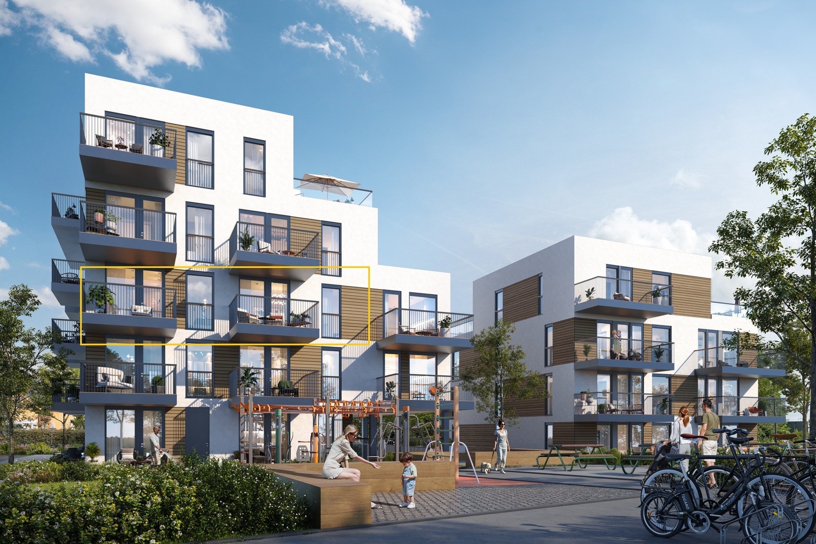 Planlagt fasade med delikate materialvalg. Beliggenheten til leiligheten i bygget er oppmerket. Illustrasjon, avvik vil forekomme. Galleribilde