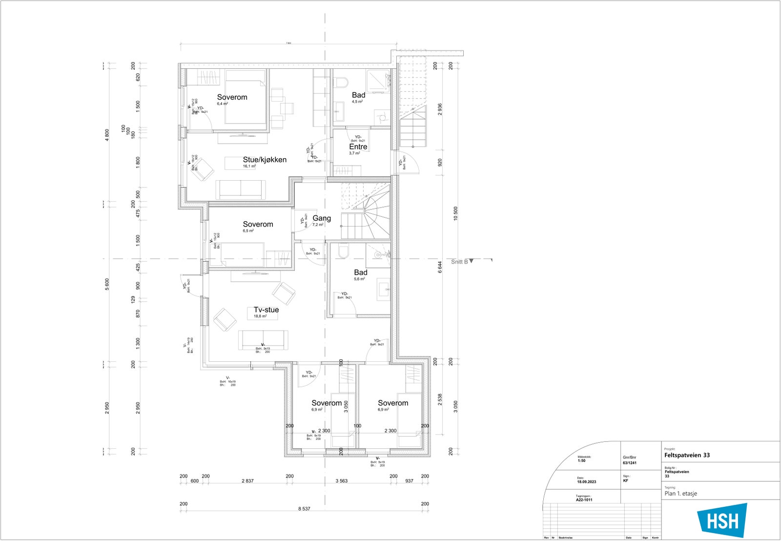 Plantegning u.etg. Mrk praktikantdel med separat inngang. Inkludert i hoveddel er 3 soverom, tv-stue og bad. Galleribilde