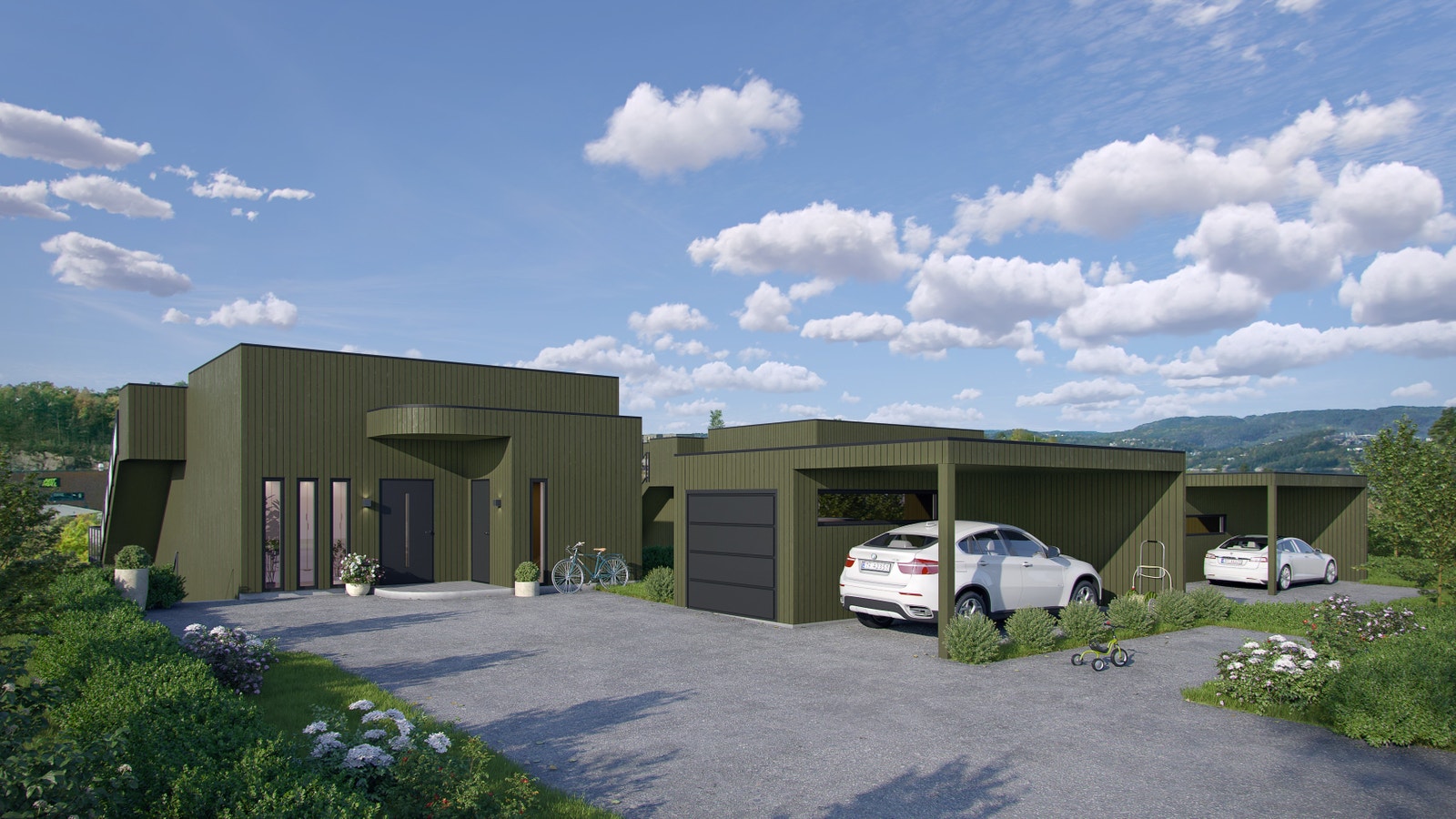 Hyggelig og flott inngangsparti med fine detaljer. Mulighet for garasje og carport /dobbel garasje. Galleribilde