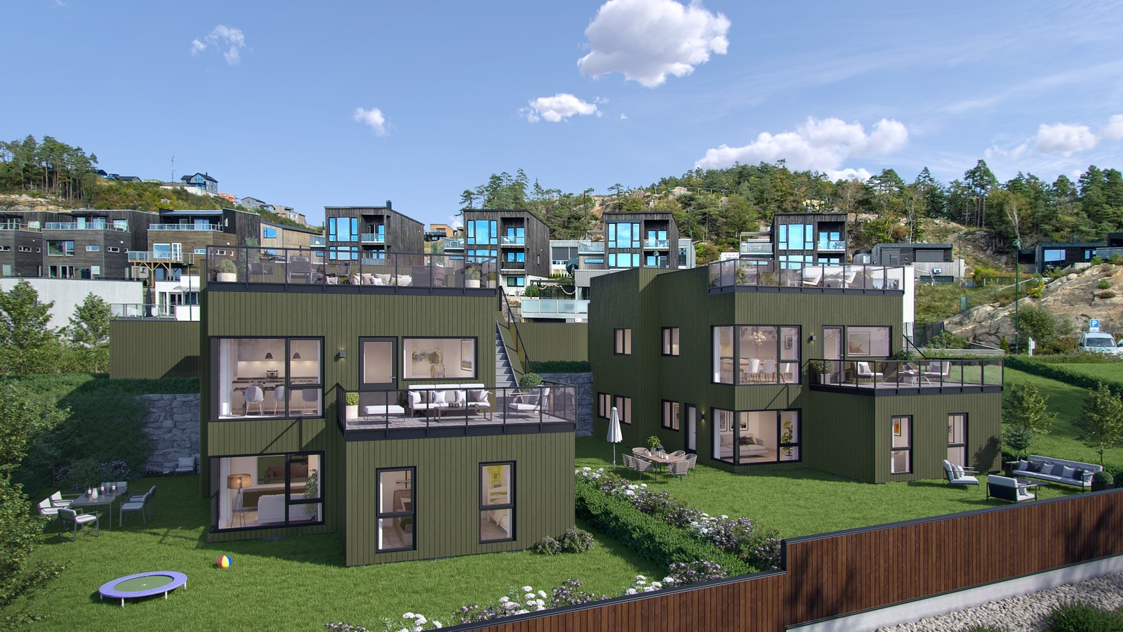 2 syd-vestvendte og spennende eneboliger med gode bo-kvaliteter. Hage og stor takterrasse. Veldig gode lys og solforhold! Galleribilde