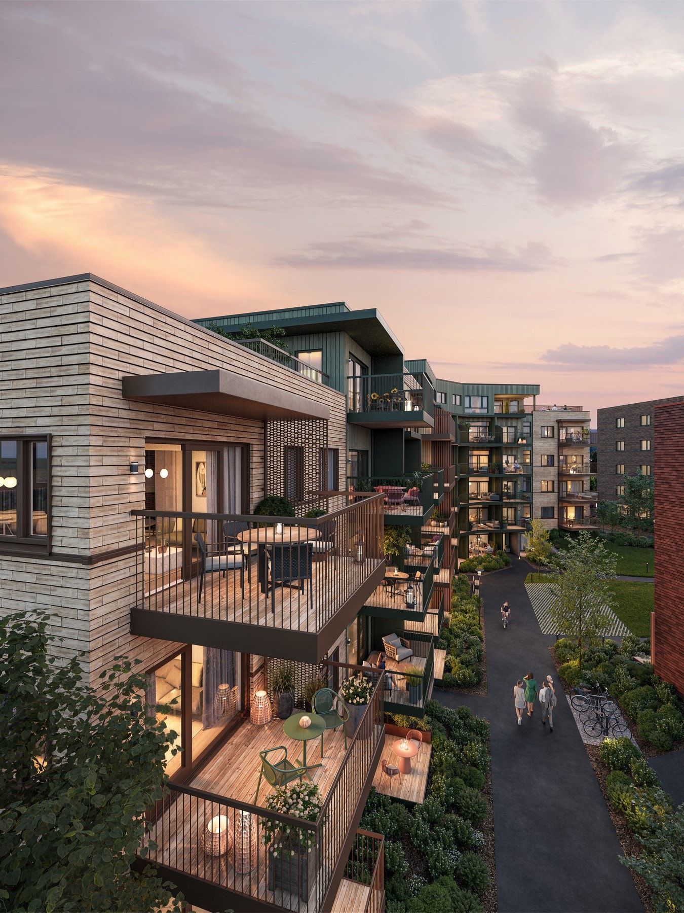 Delikate fasader og uteplasser som vender mot sør og vest. Illustrasjon, endringer vil forekomme. Galleribilde