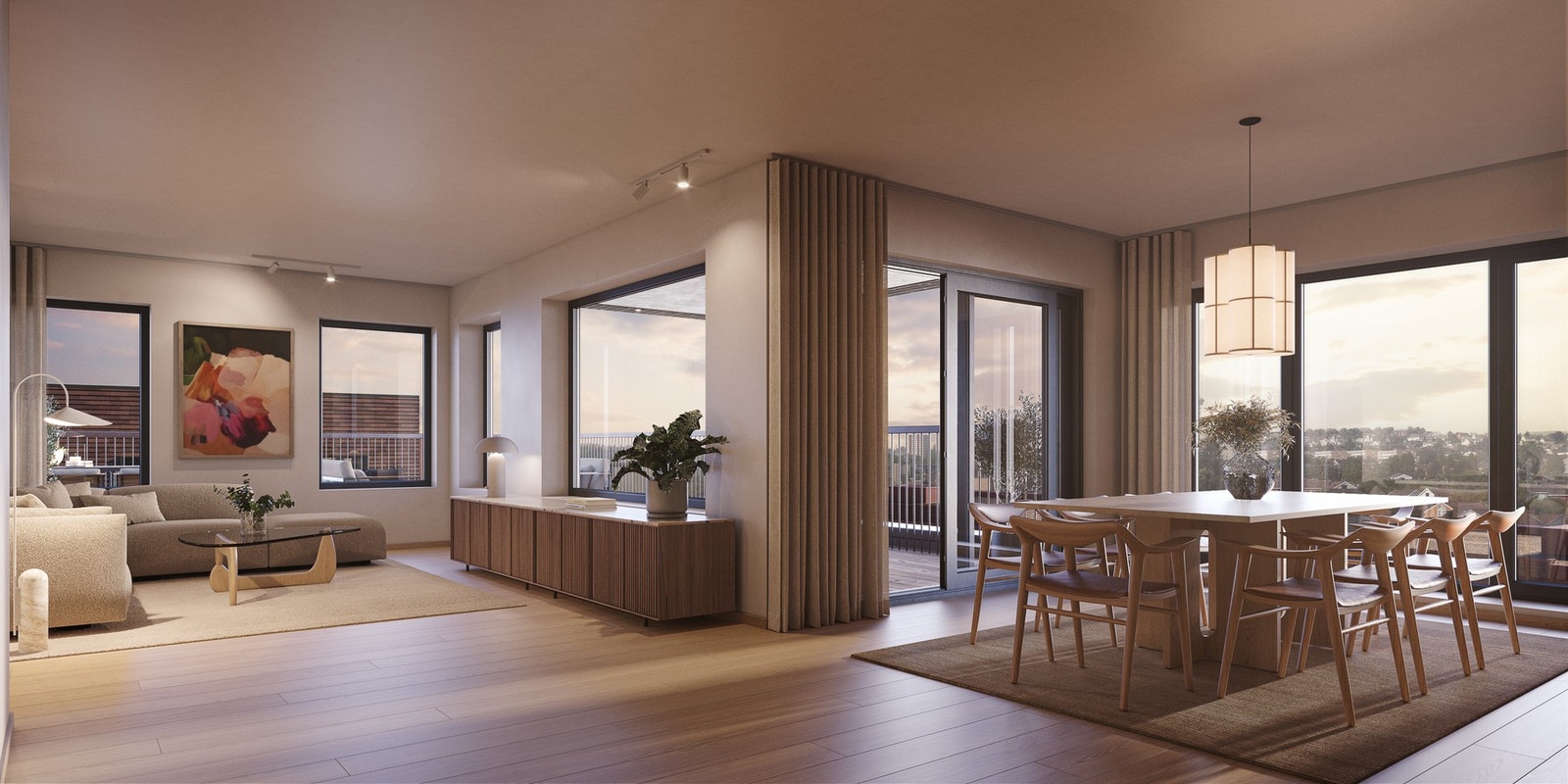 I 6. etg finner du to romslige leiligheter, som med sine 130 kvm byr på et stort kjøkken,
separat vaskerom, og en imponerende terrasse på 85 kvm. Illustrasjon, endringer vil forekomme. Galleribilde