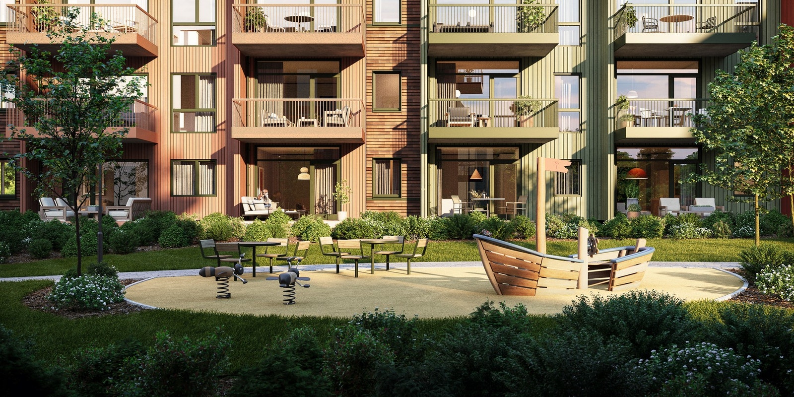 Mellom byggene vil det være hyggelige og skjermede fellesarealer som beboerne vil sette pris på. Illustrasjon, endringer vil forekomme. Galleribilde