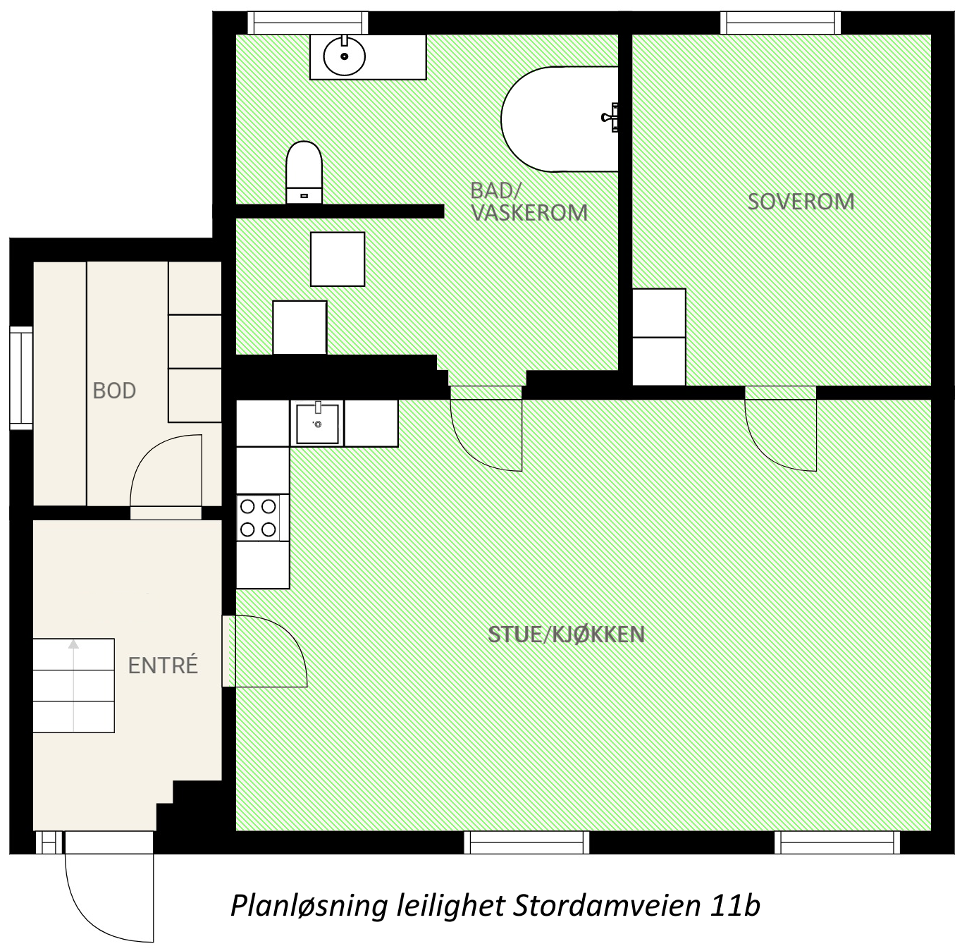 Plantegning. Grønne rom leies ut helt. Entré er privat inngang fra utsiden av huset, men eier må ha adkomst til bod fra trapp. Galleribilde