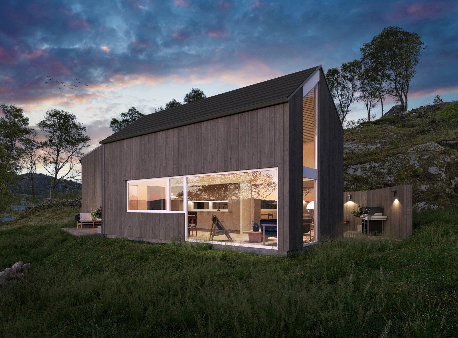 Tøffe hytter som består av to " bokser " som bindes sammen av en mellomgang. Alle hyttene er unike og blir tilpasset tomta. Galleribilde