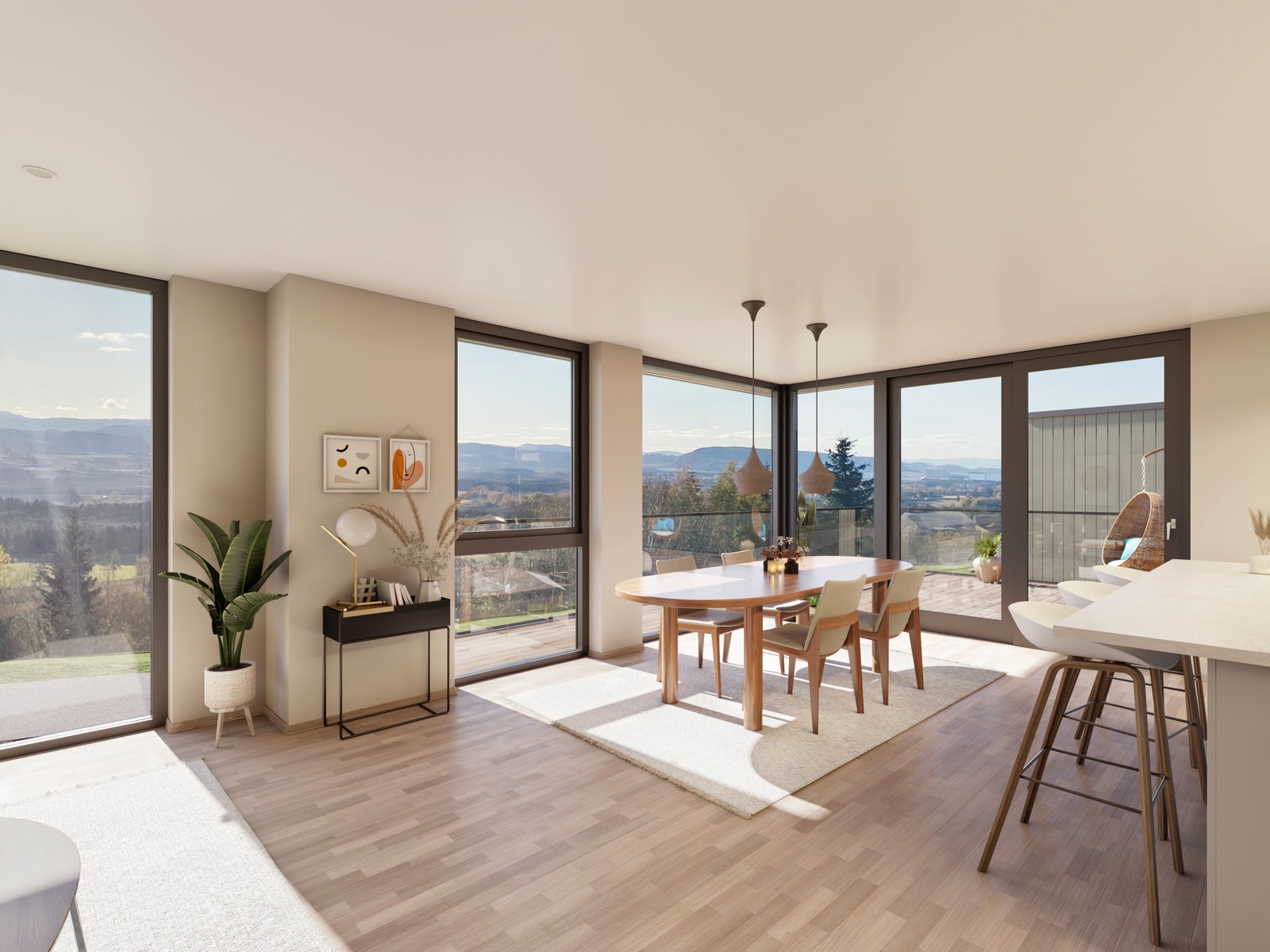 Illustrasjon av spisestue med store vindusflater fra gulv til tak. Galleribilde