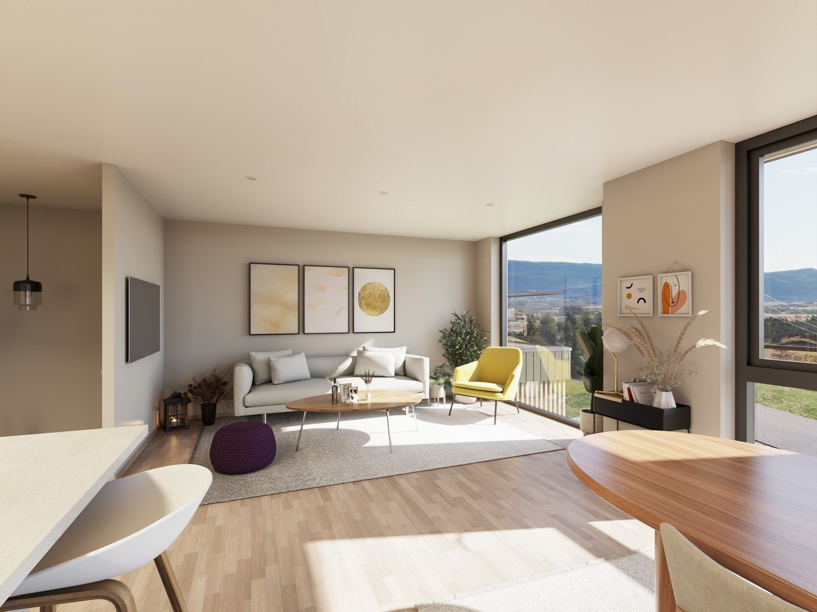 Illustrasjon av stue med store vindusflater fra gulv til tak. Galleribilde