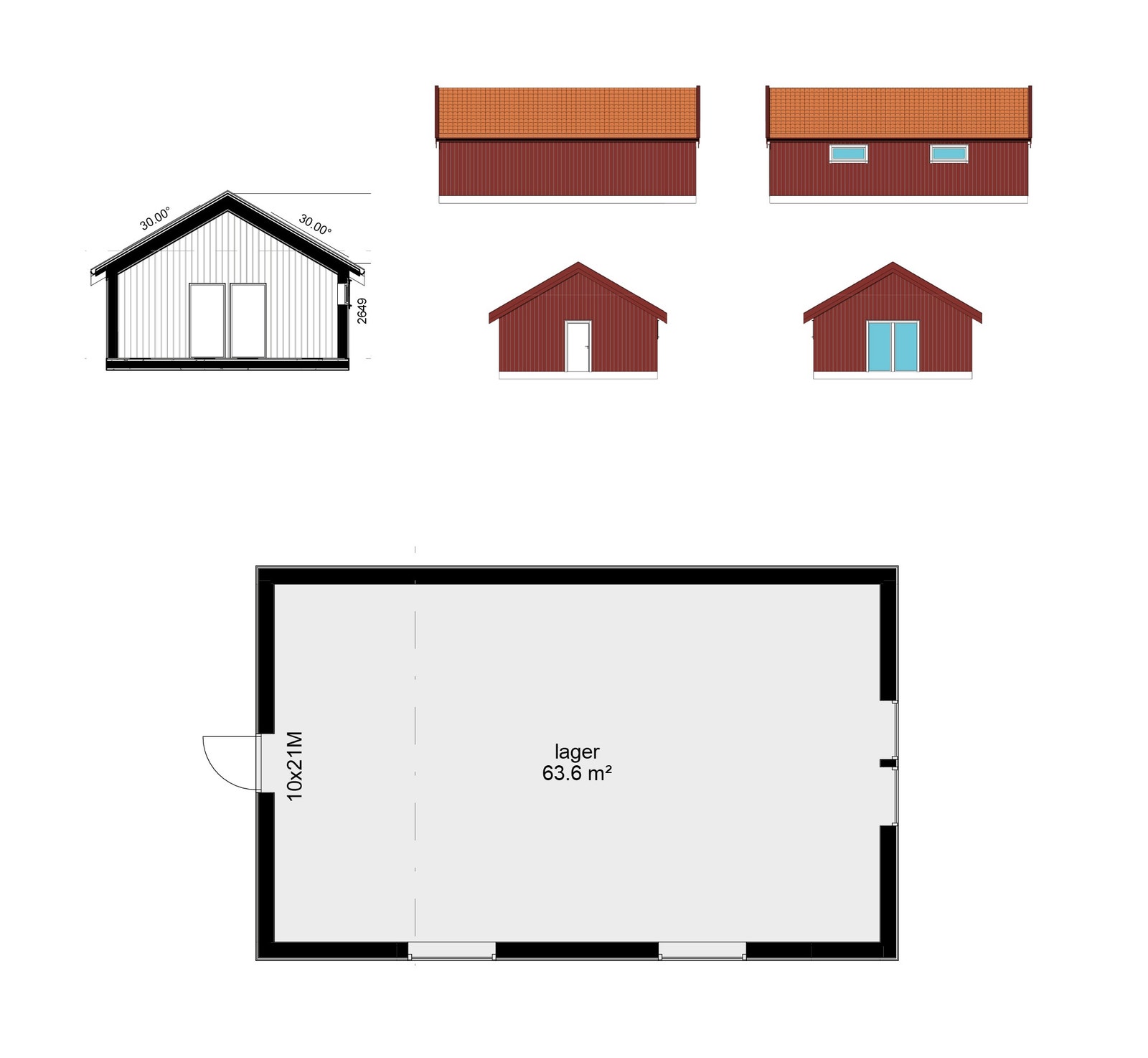 Fasader, snitt og planløsning naust Galleribilde