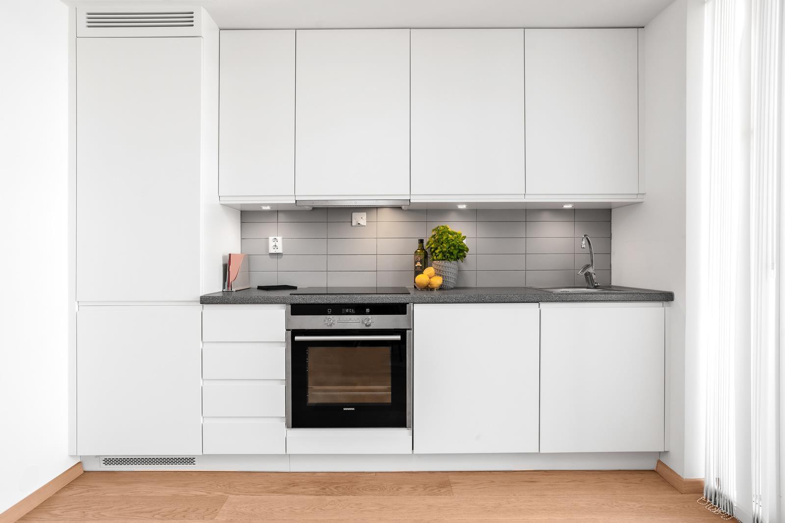 Moderne og delikat kjøkken med integrerte hvitevarer. Galleribilde