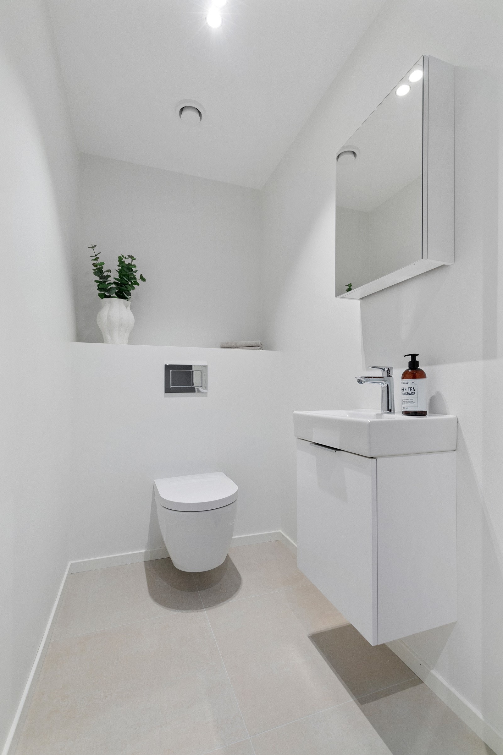 Vegghengt toalett med vask og innredning i overetasje. Galleribilde