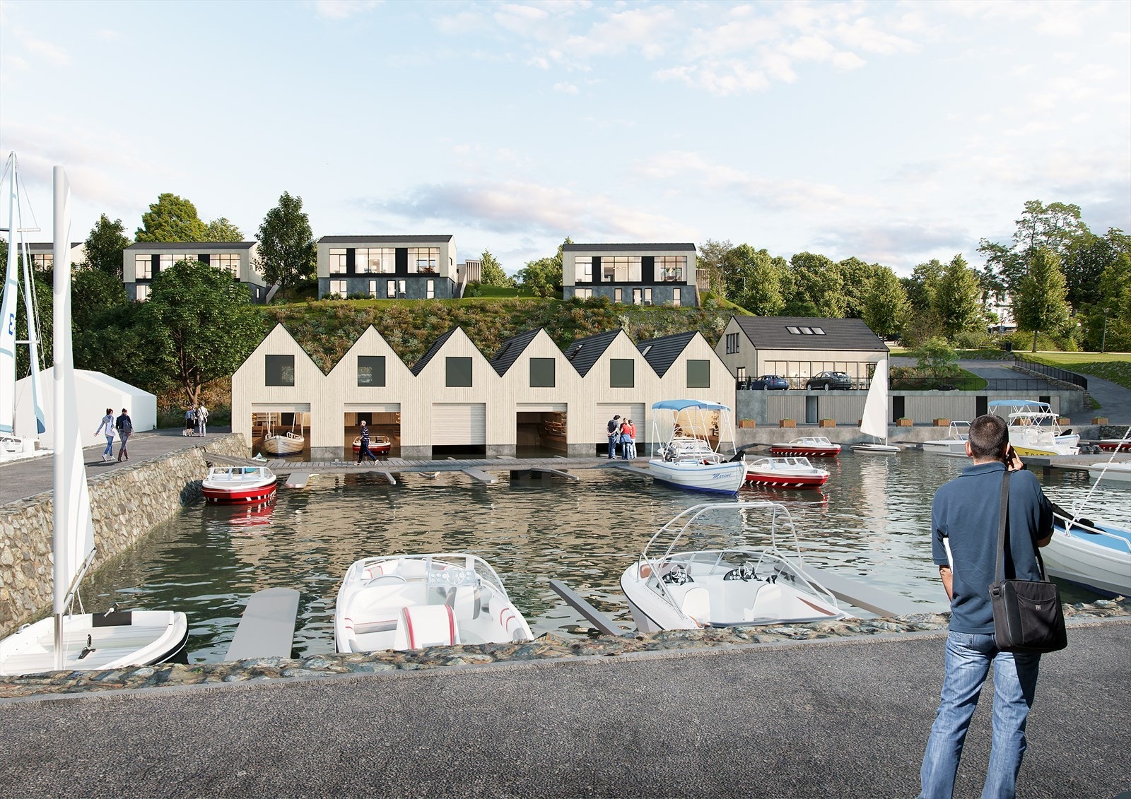 Velkommen til Krogevollhagen på Fiskå. Et spennende prosjekt bestående av eneboliger, båtgarasjer, båthavn og sjøboder. Galleribilde