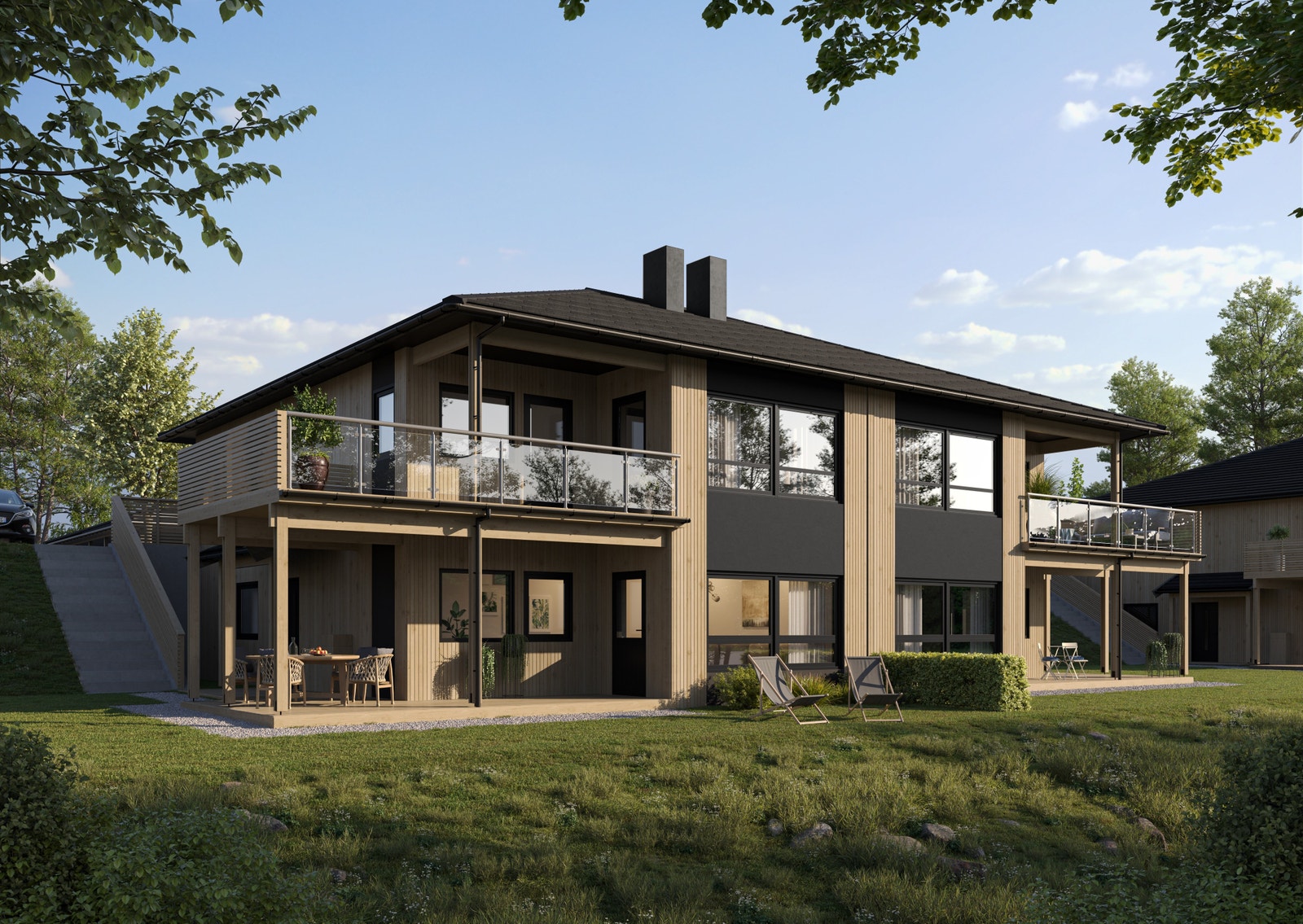 Perspektiv av bustaden. Fin fasade og god standard. Glassfelt i deler av rekkverket sikrar utsikta. Galleribilde