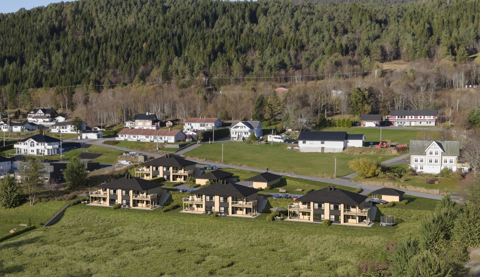 Perspektiv som viser plasseringa av bustadane og carportane. Kvar leilegheit har ein parkeringsplass i carport. Bod i bakkant av carport. Galleribilde