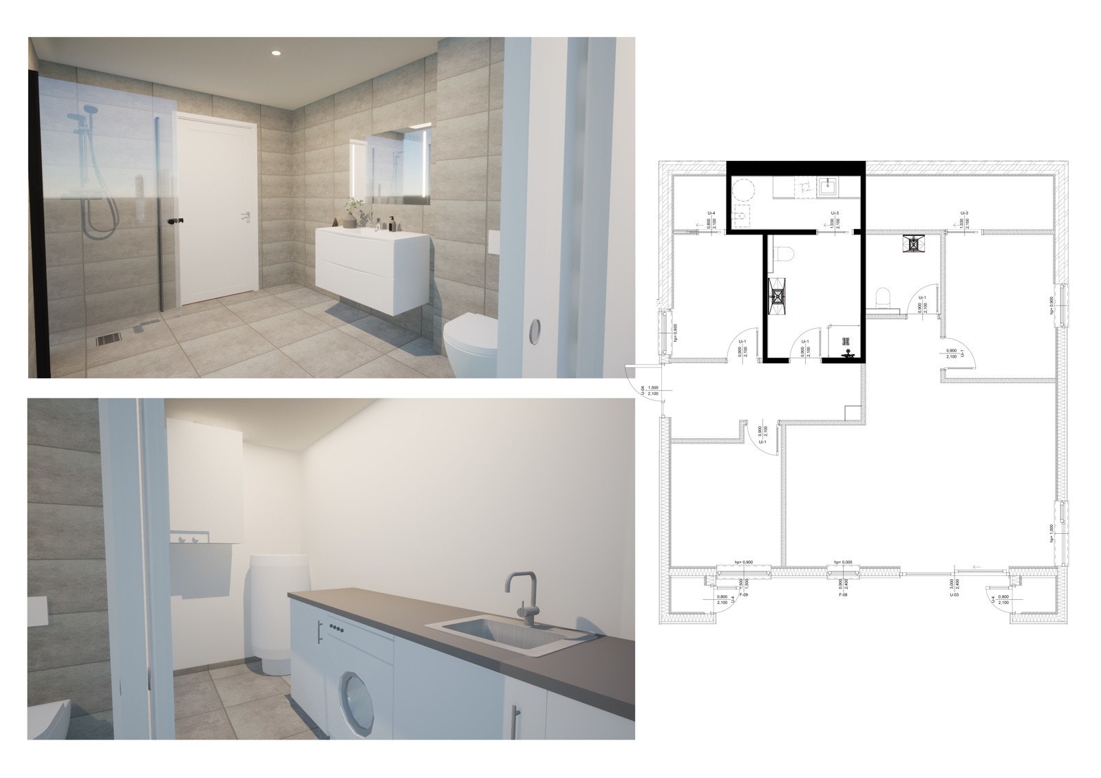 Illustrasjon av bad og vaskerom i leilighet C i underetasje. Avvik på illustrasjoner vil forekomme Galleribilde