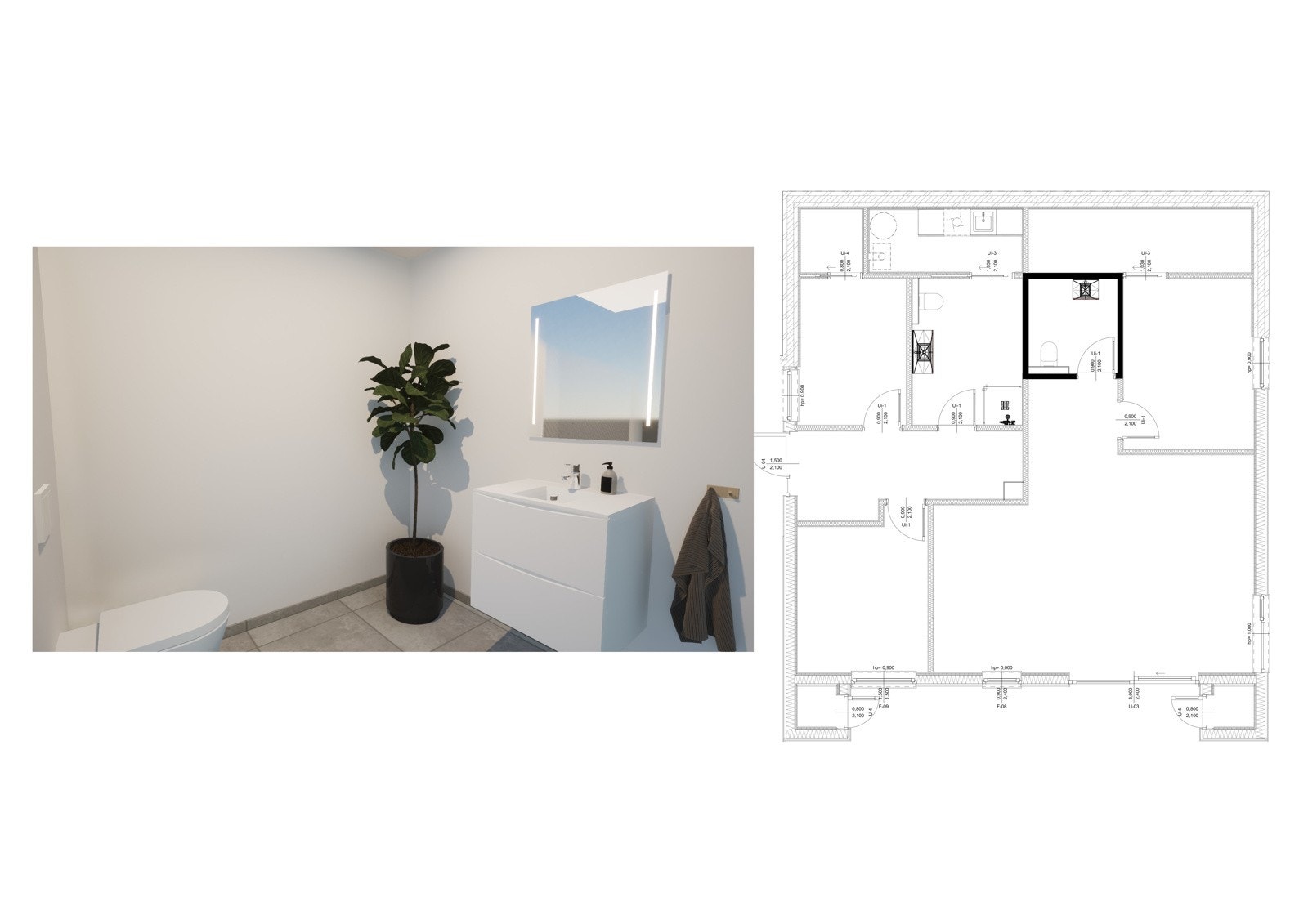 Illustrasjon av toalett i leilighet C i underetasje. Avvik på illustrasjoner vil forekomme Galleribilde