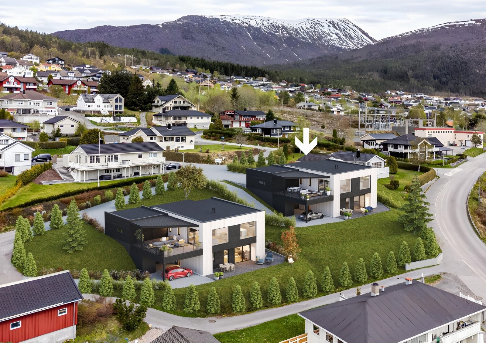 Velkommen til Holaihagen! Det aktuelle bygget er til høyre i bildet. Avvik på illustrasjoner vil forekomme. Galleribilde