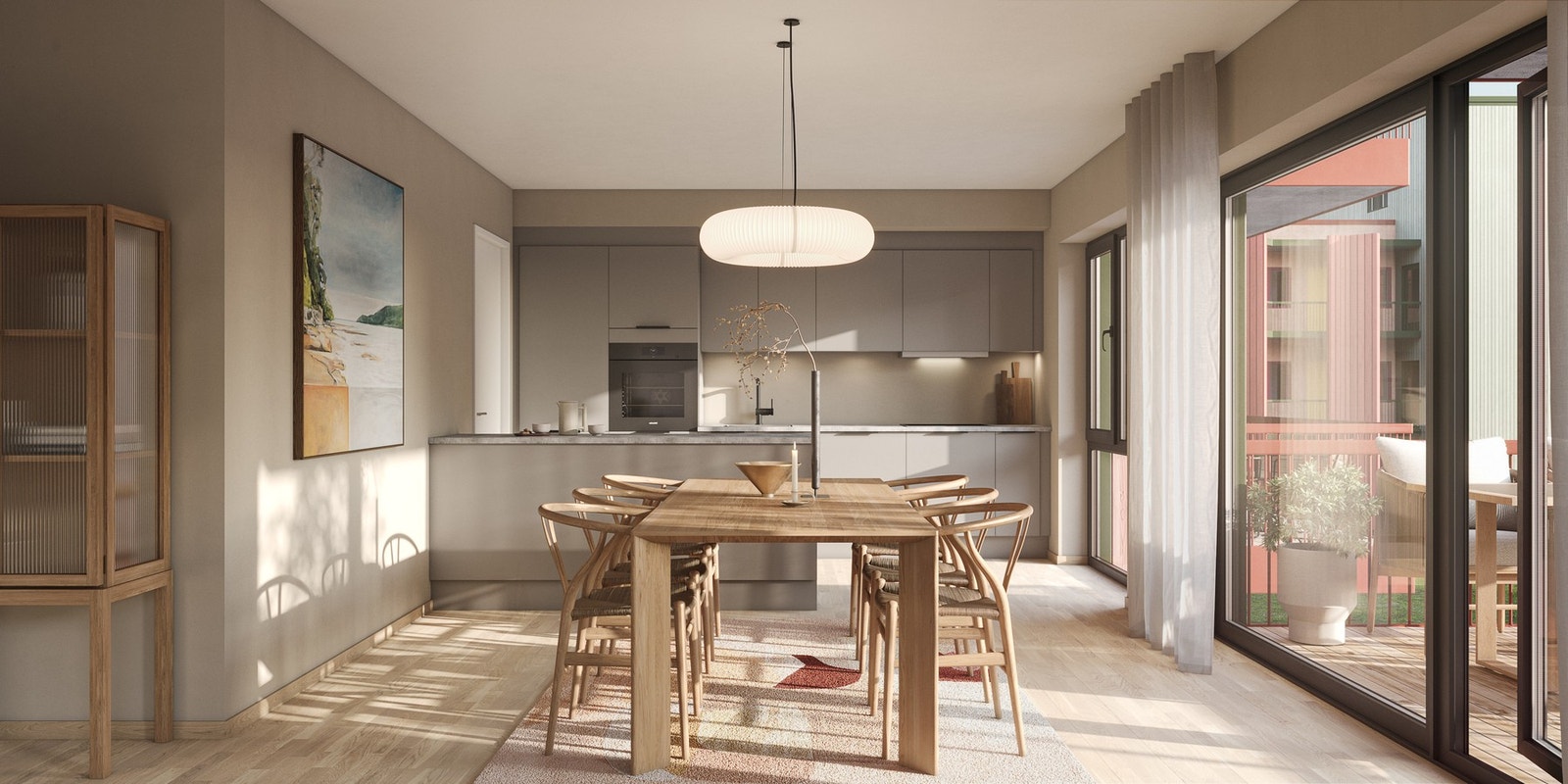 Illustrasjon av interiørkonseptet "urbane nyanser" som leiligheten blir levert i. Leiligheten leveres med lys eikeparkett og en dempet beigetone på veggen som en kontrast til det mørke kjøkkenet. Kjøkkenet leveres i en mørk sandfarge med sort vask og h... Galleribilde