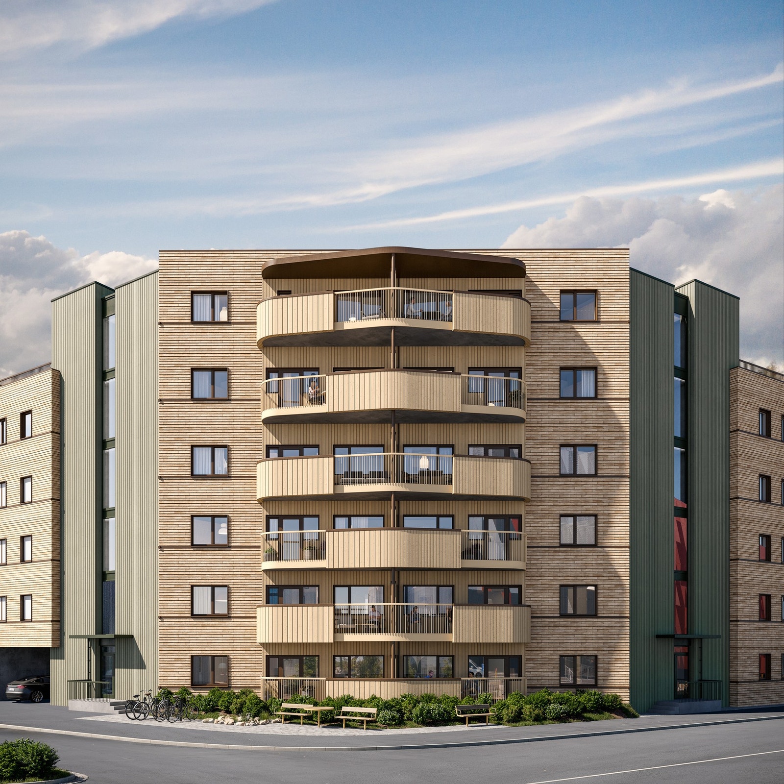 Illustrasjon av bygget - prosjektet kommer i delikate fasader med flotte materialvalg. Galleribilde