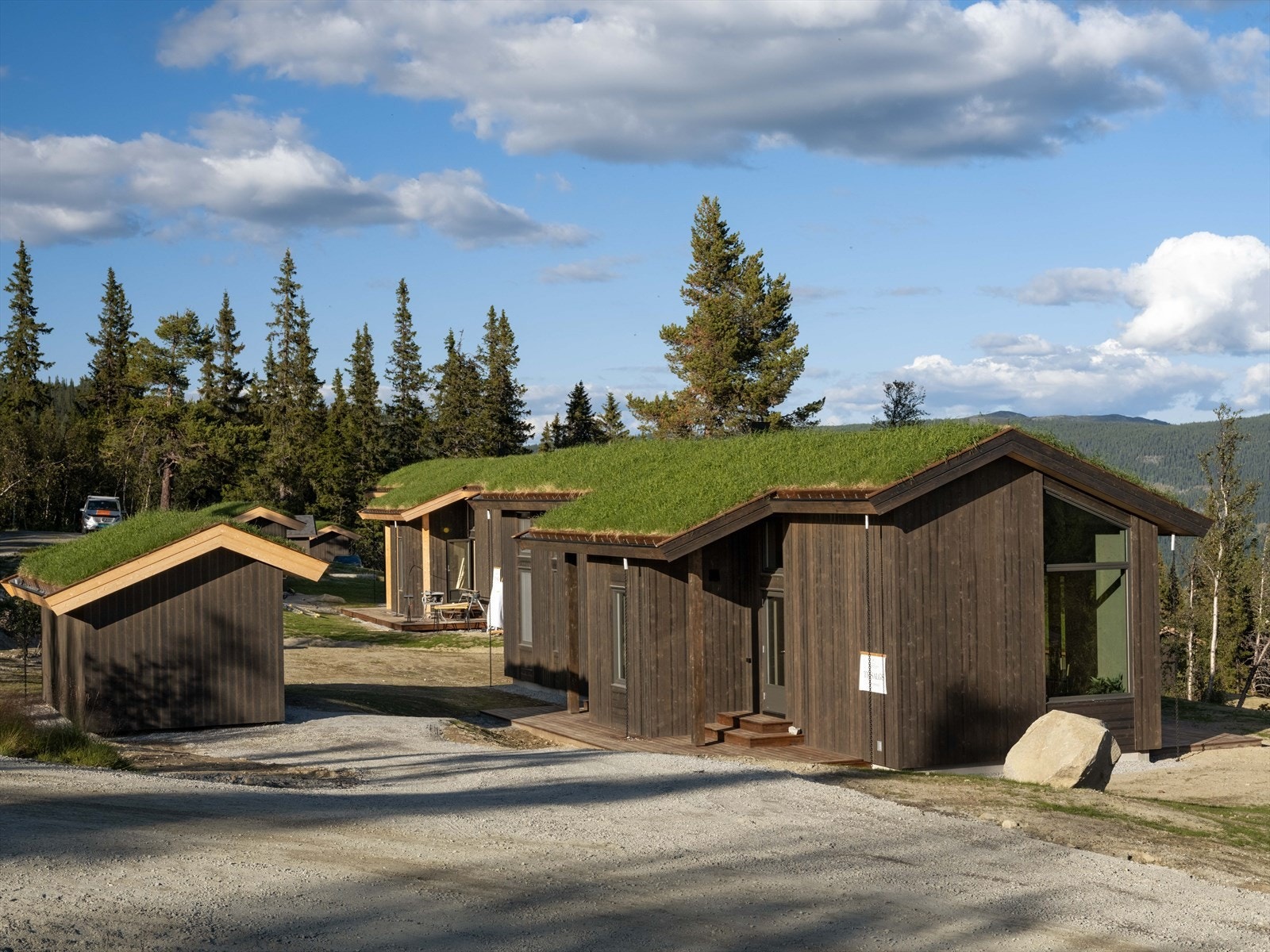 Moderne arkitektonisk uttrykk med fasade i massivtre, glass og torvtak, med energi- og arealeffektive løsninger Galleribilde