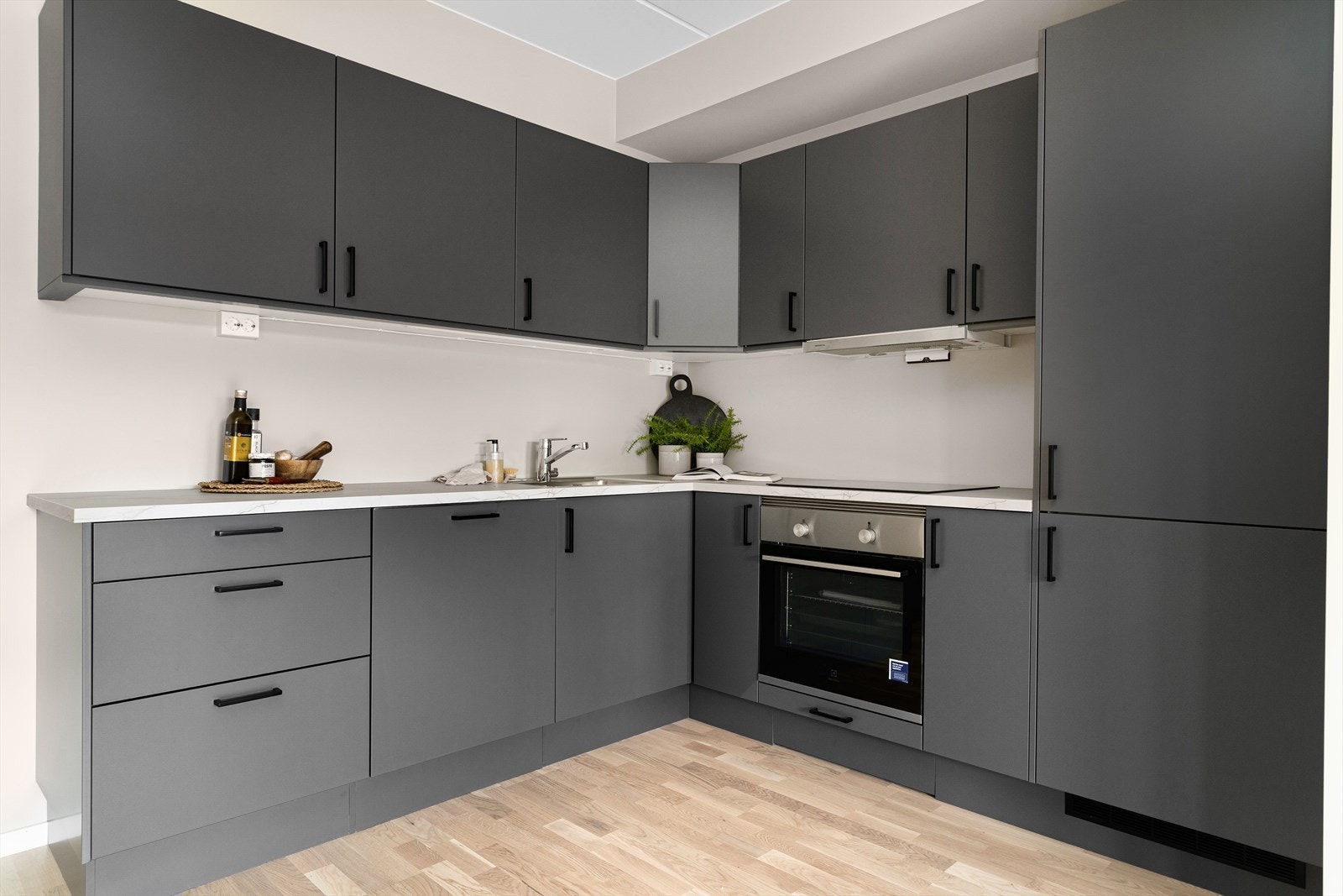 Kjøkkenet er godt utstyrt med integrert kombiskap, stekeovn, oppvaskmaskin, platetopp og ventilator. Galleribilde