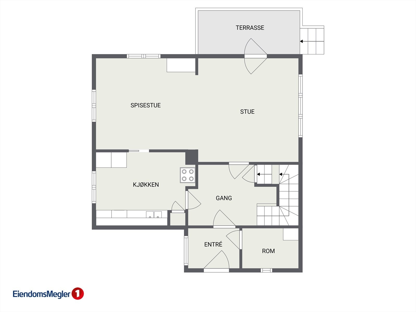 1. etasje - Gang, påbegynt toalett/rom, trapperom, kjøkken, stue og spisestue. Galleribilde