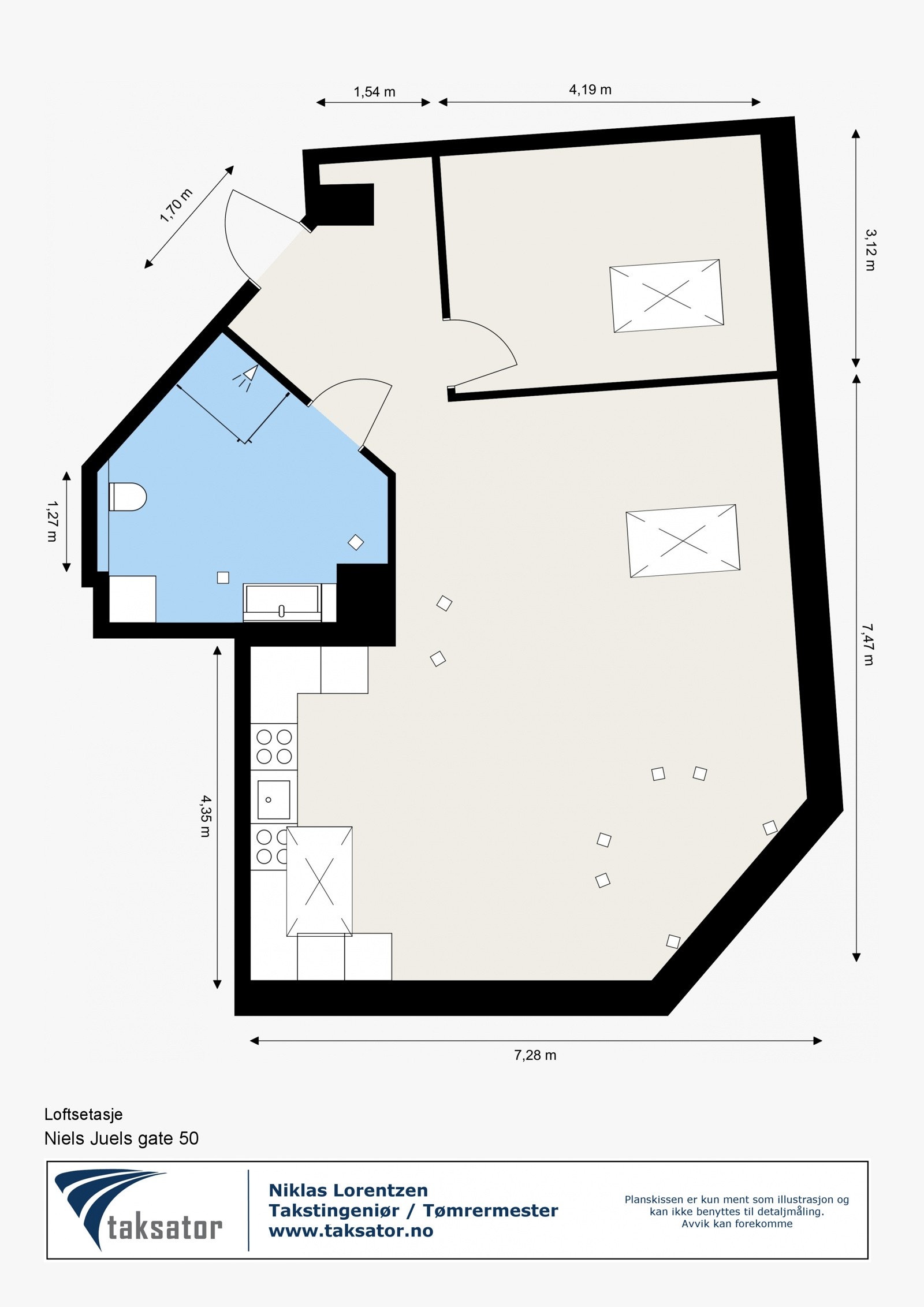 Plantegning. Loftsleiligheten er bygget etter nyeste gjeldende forskrift (TEK17), samme krav som nybygg. Galleribilde