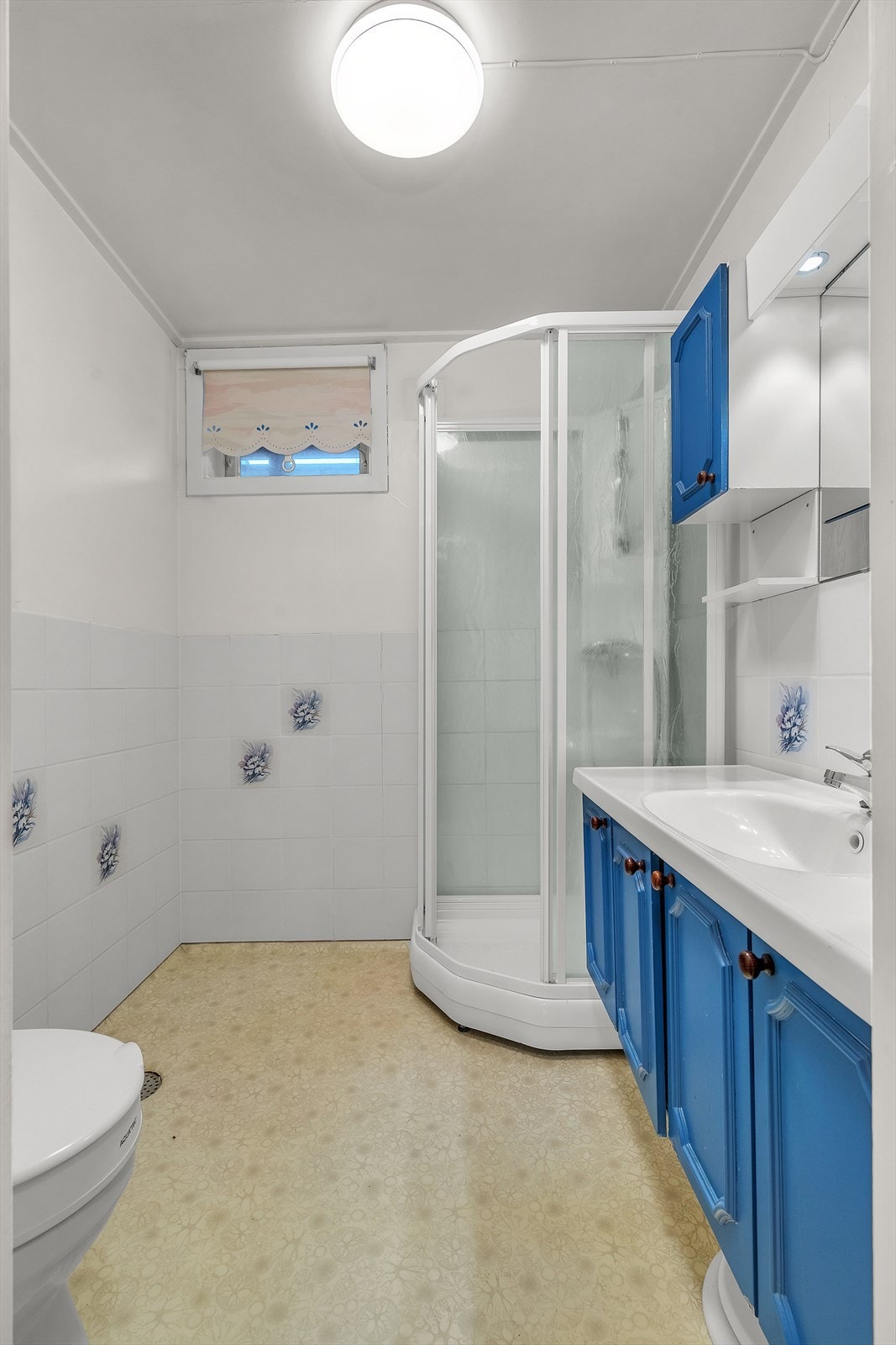 Bad med toalett, dusjkabinett og ei romslig innredning Galleribilde