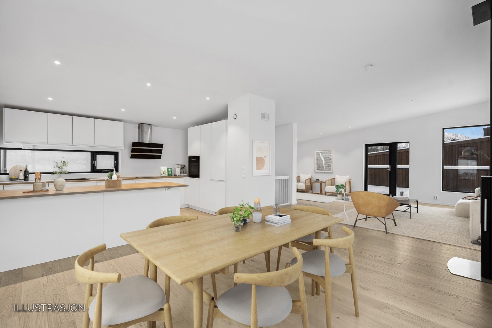 Åpen løsning mellom kjøkken, spisestue og stue (bildet er digitalt møbler) Galleribilde