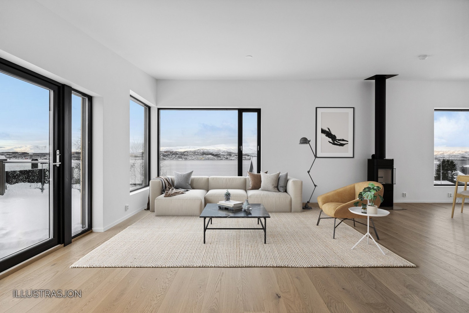 Stor romslig stue med høy takhøyde og store flotte vinduer som slipper inn mye lys (bildet er digitalt møblert) Galleribilde