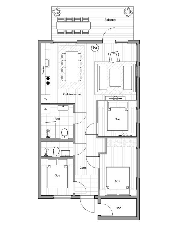 Planskisse hjørneleilighet med 3 soverom og 2 bad i bygg E. Galleribilde