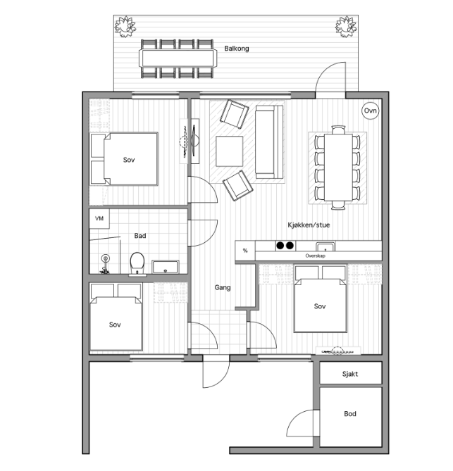 Planskisse leilighet med 3 soverom i bygg F. Galleribilde