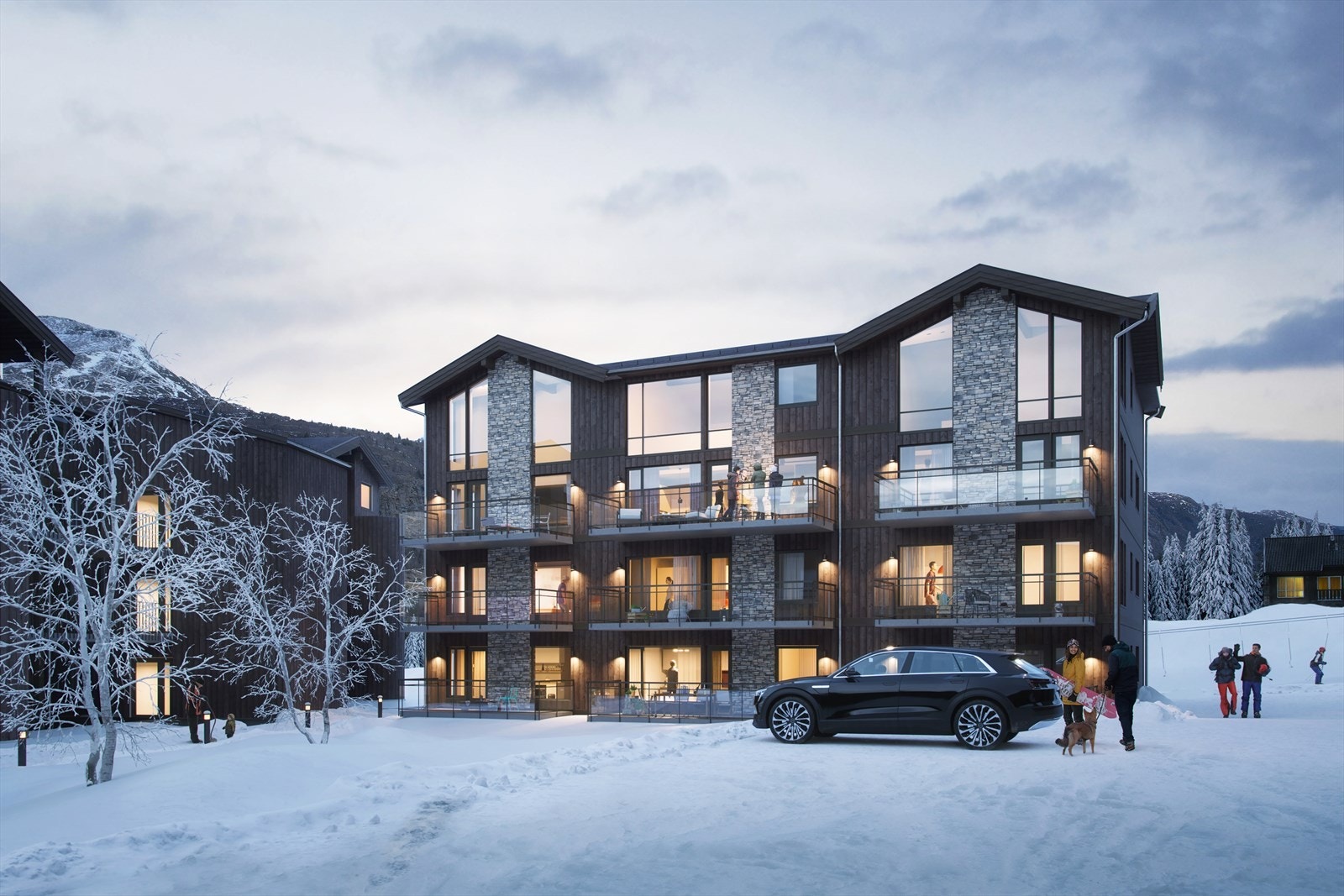 Parkering med el-billader i carport eller parkeringskjeller medfølger leiligheten. Illustrasjon Fjellnest bygg F. (Illustrasjonsbilde av bygg F). Galleribilde