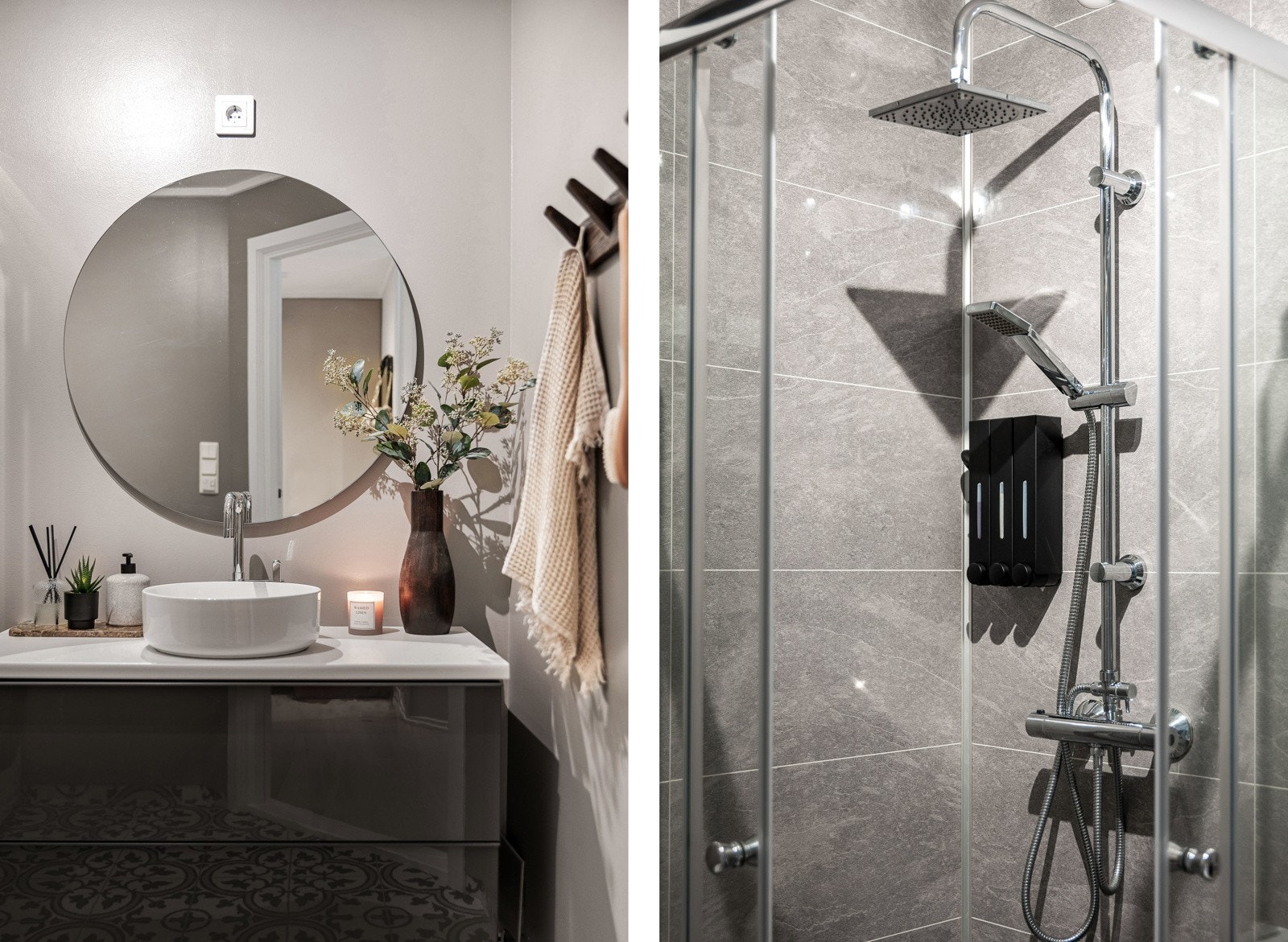 Badet har romslig skuffeseksjon, opplegg for vaskemaskin, toalett og garnityr med både hånddusj og deilig regnfallsdusj. Galleribilde