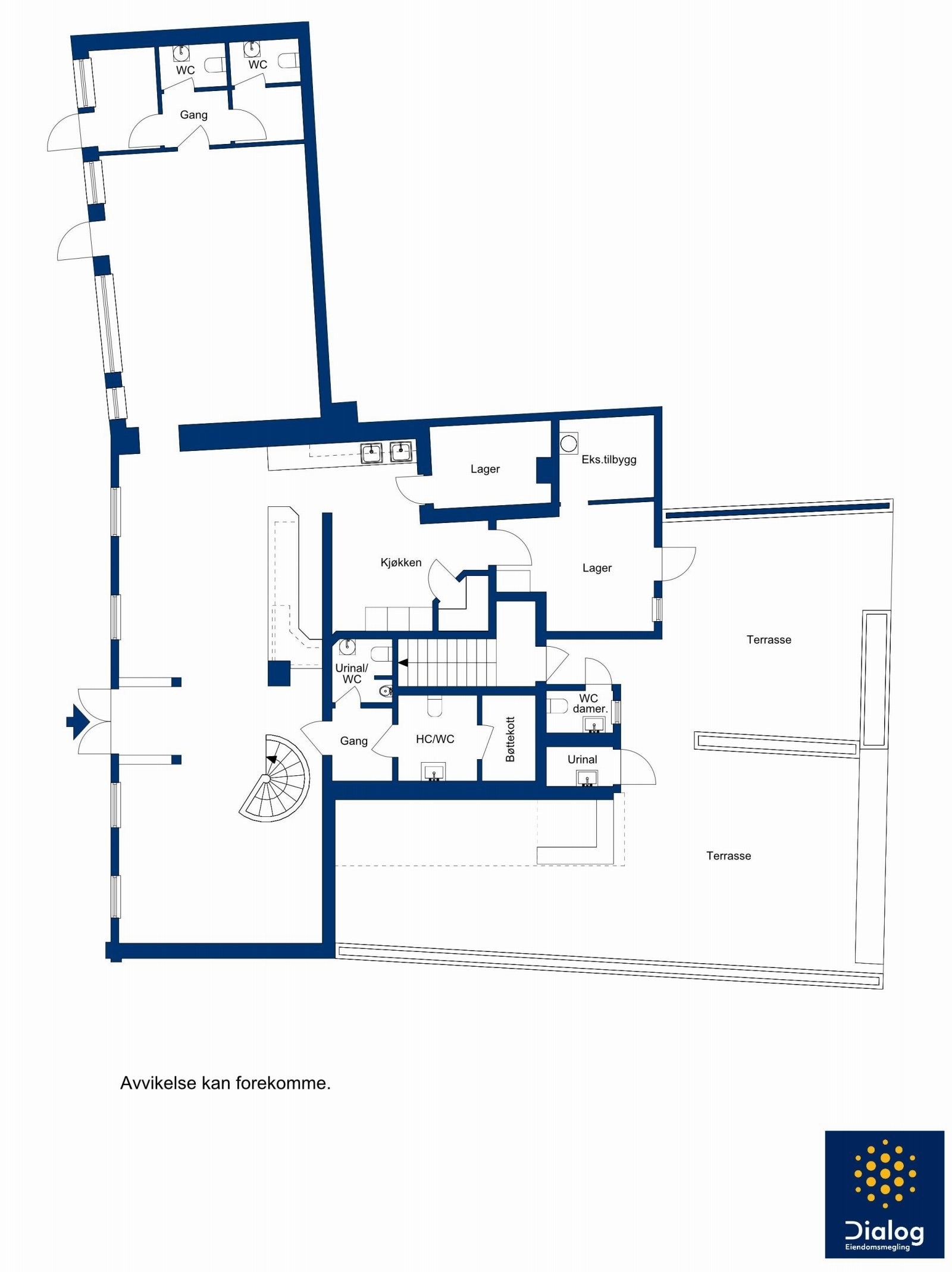 Plantegning hovedetasje med restaurant, barområdet, kjøkken, toaletter og uteservering Galleribilde