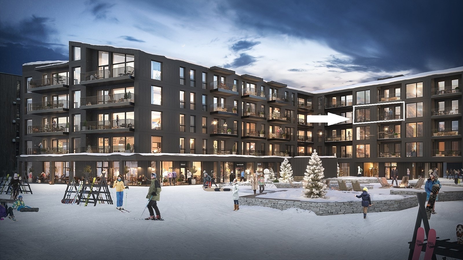 Torget blir en hyggelig samlingsplass med butikker og servering.
Se leiligheten markert med pil. Galleribilde