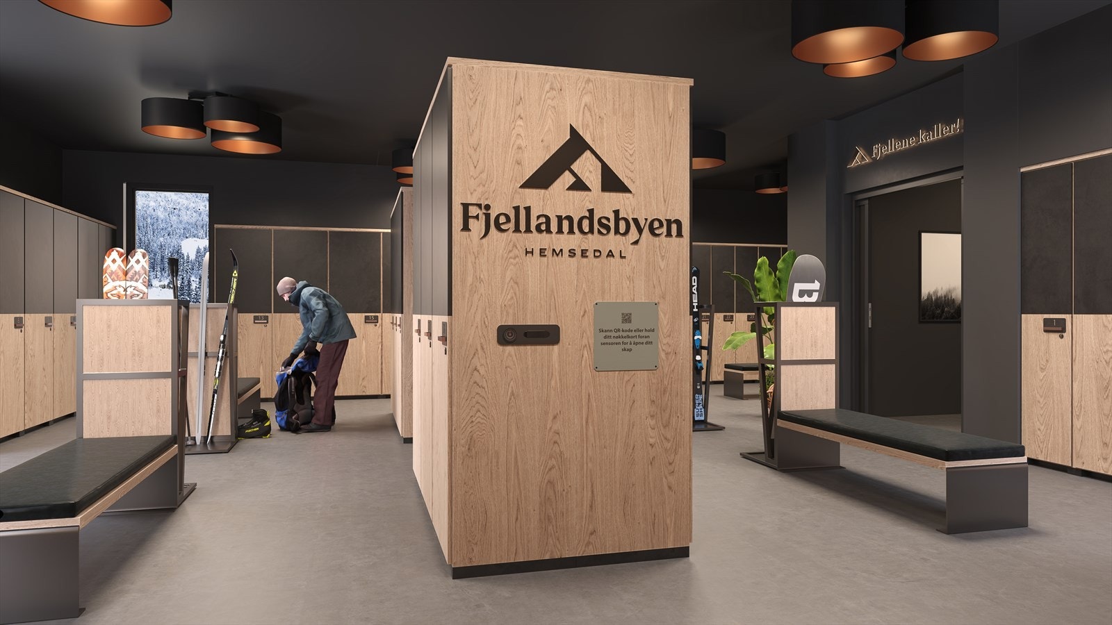 I tilknytning til inngangspartiet leveres skistall med skap for oppbevaring av skistaver og tørking av alpinstøvler. (Illustrasjon). Galleribilde