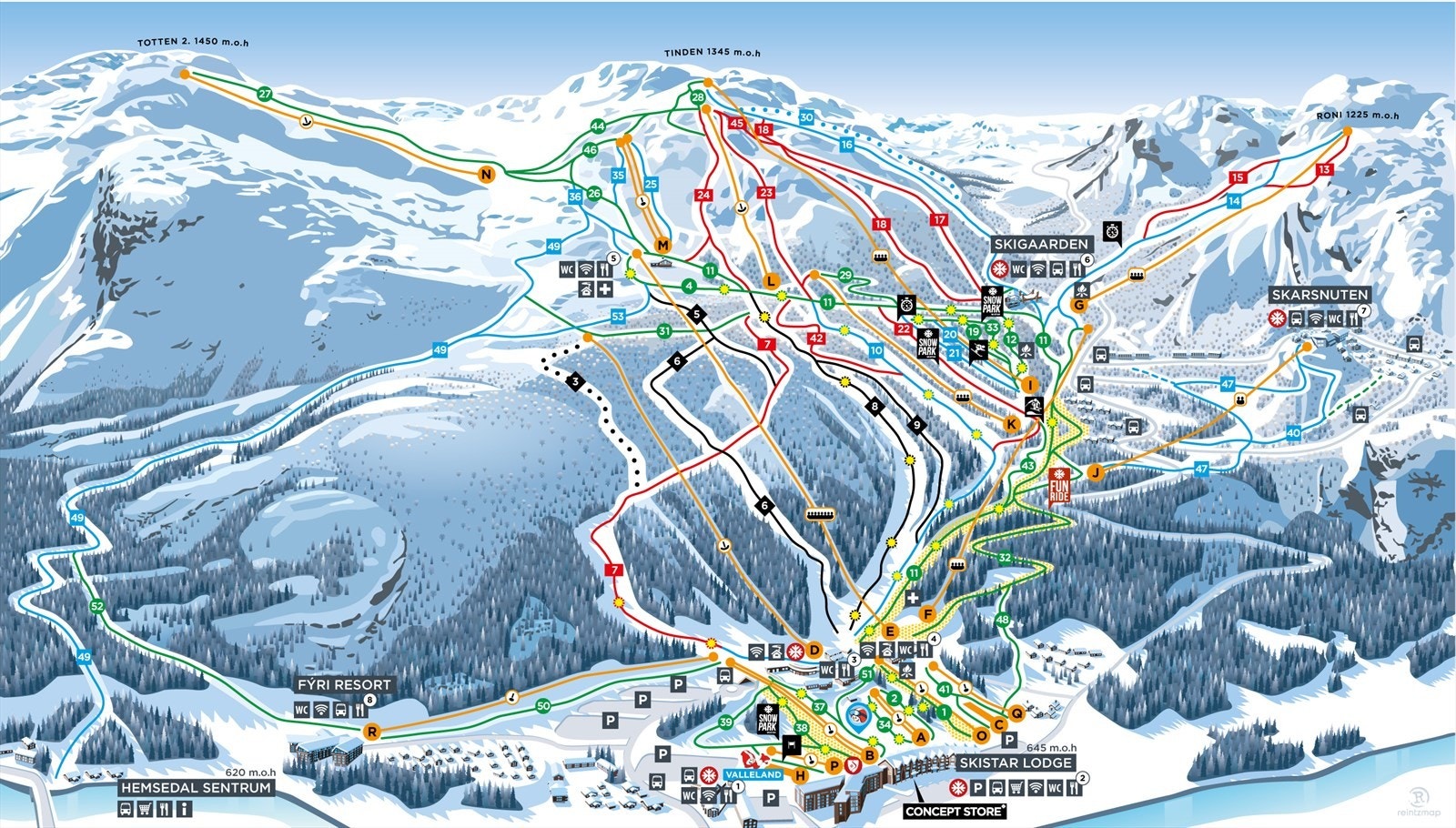Løypekart Hemsedal Skisenter. Fjellandsbyen ligger ved foten av anlegget og gir deg enkel tilgang til både alpint, langrenn, uteliv og sykling. Galleribilde