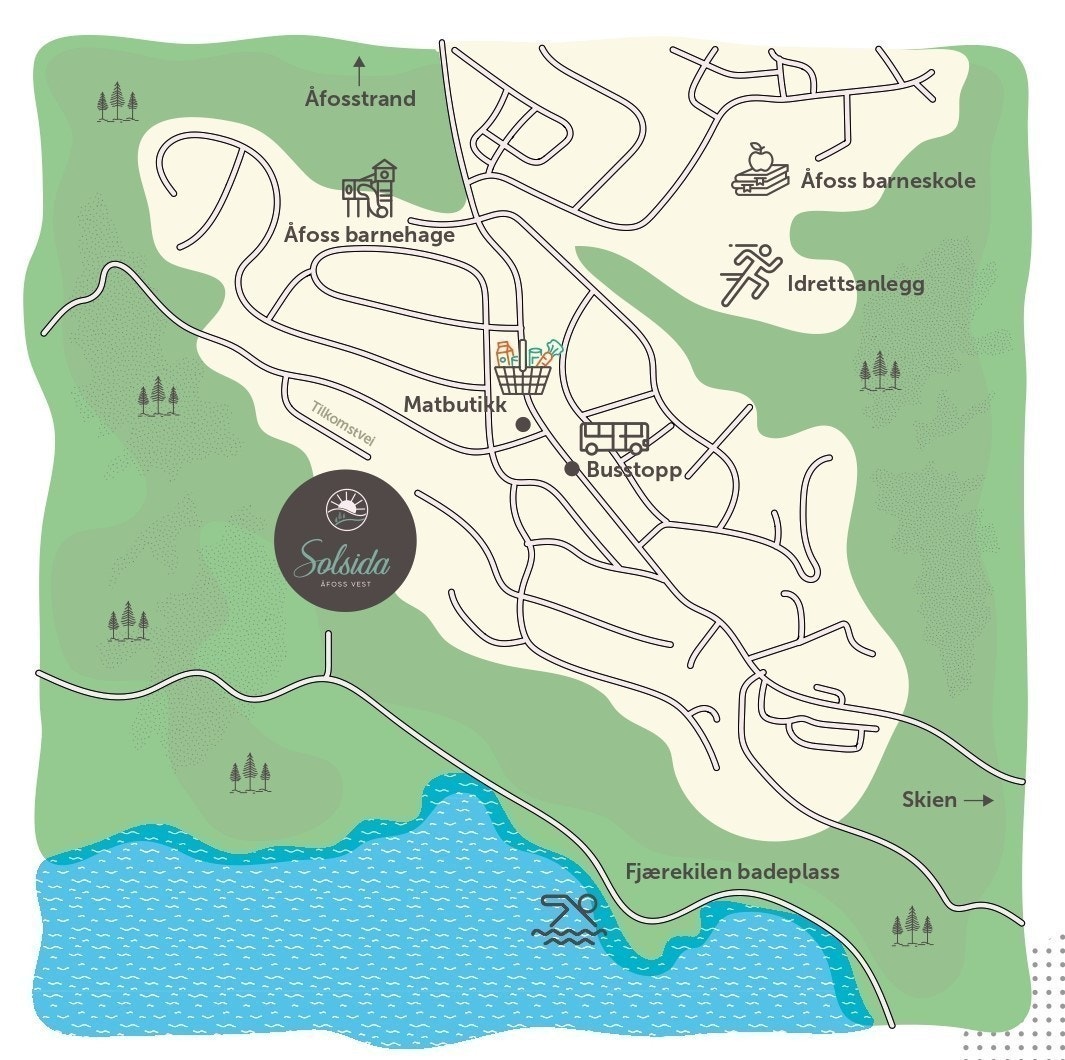 Feltet har kort avstand til buss, matbutikk, barnehage, skole og badeplass. Galleribilde