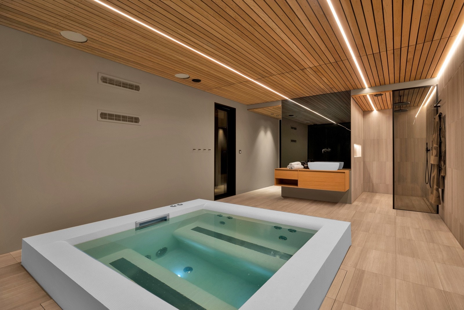 Spa-avdelingen har massasjebad og en dusjnisje med takmontert dobbeldusj. Galleribilde