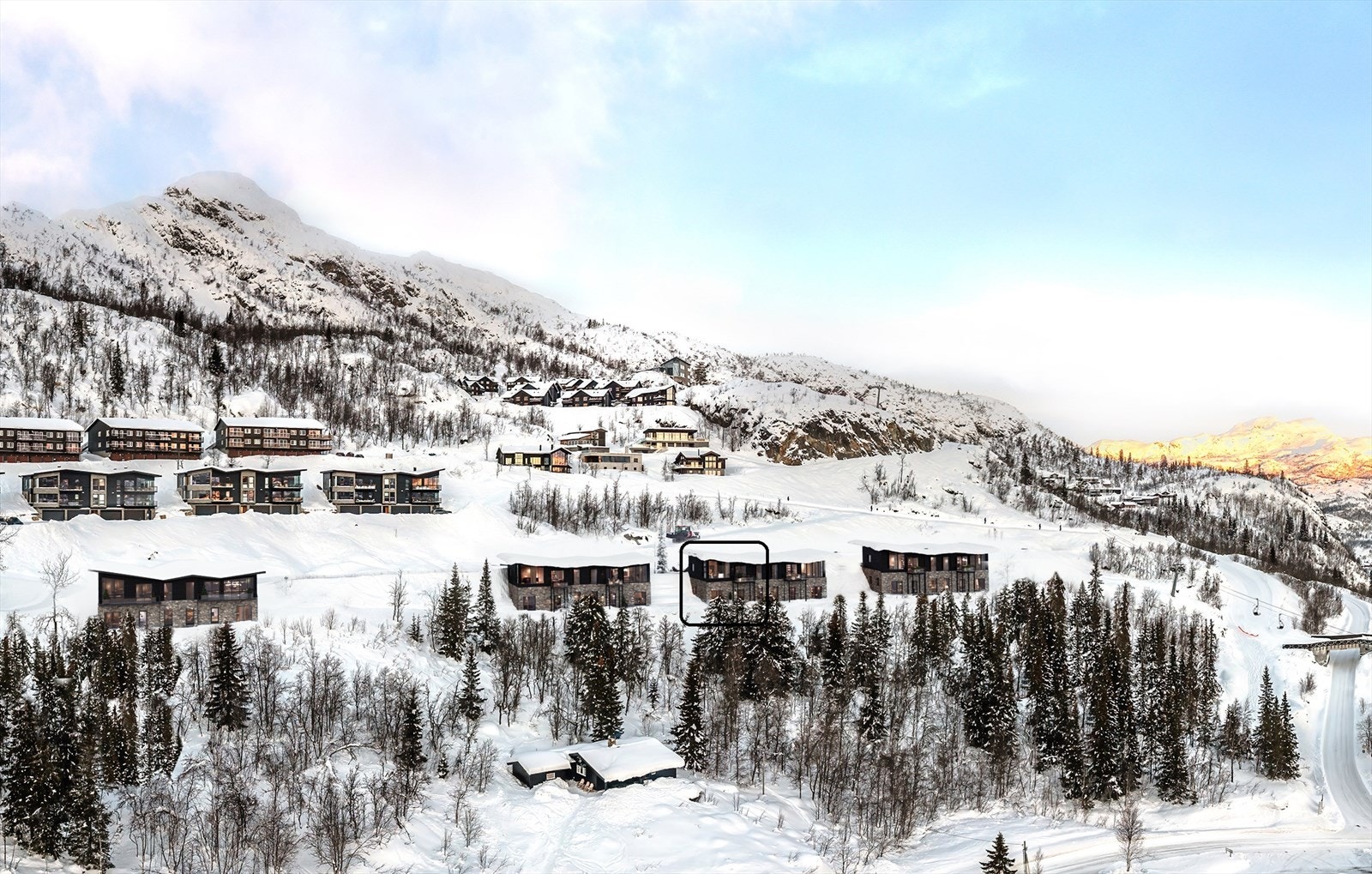 Skarsnuten 905 - Lodge 3A ligger luftig og fritt i skrått terreng som sikrer uhindret utsikt over Hemsedal. Galleribilde