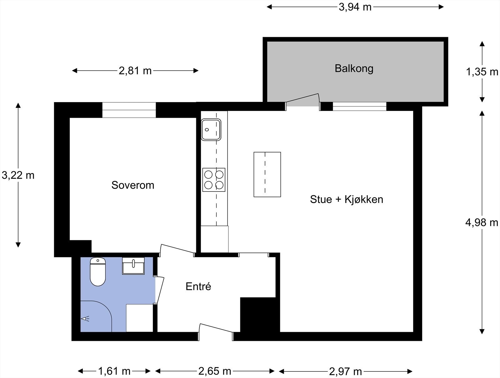 Plantegning fra takstmann. Leiligheten har en gjennomtenkt og godt utnyttet planløsning med entré, stue og kjøkken, soverom og bad. Kjeller- og loftsbod for lagring. Galleribilde