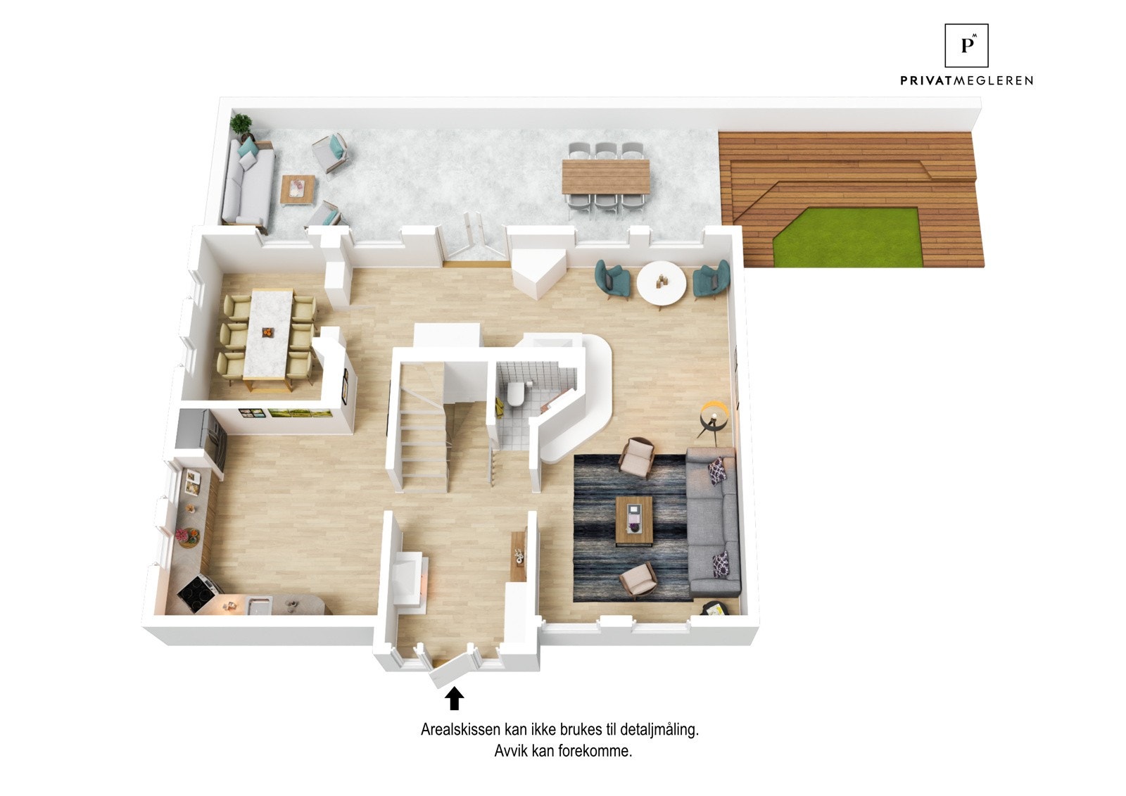 Plantegning 1. etg: Entré/trapperom, toalettrom, kjøkken, spisestue og stue. Galleribilde