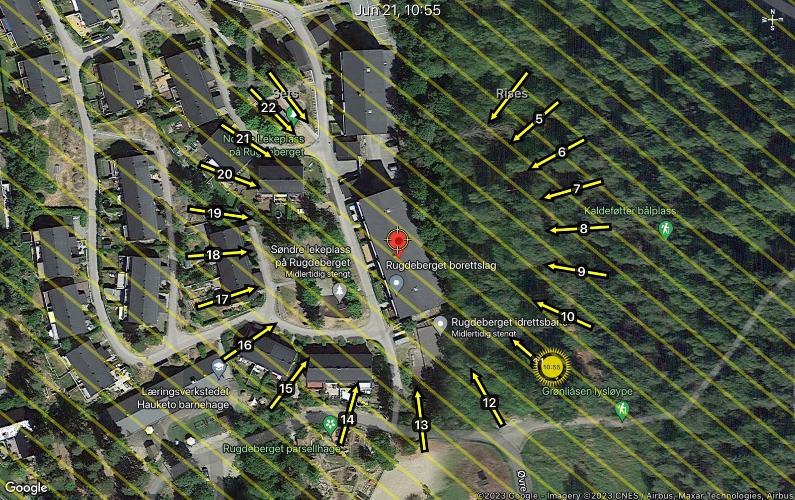 Soldiagram pr. 21. juni. Leiligheten har gode solforhold til langt utpå kvelden. Galleribilde