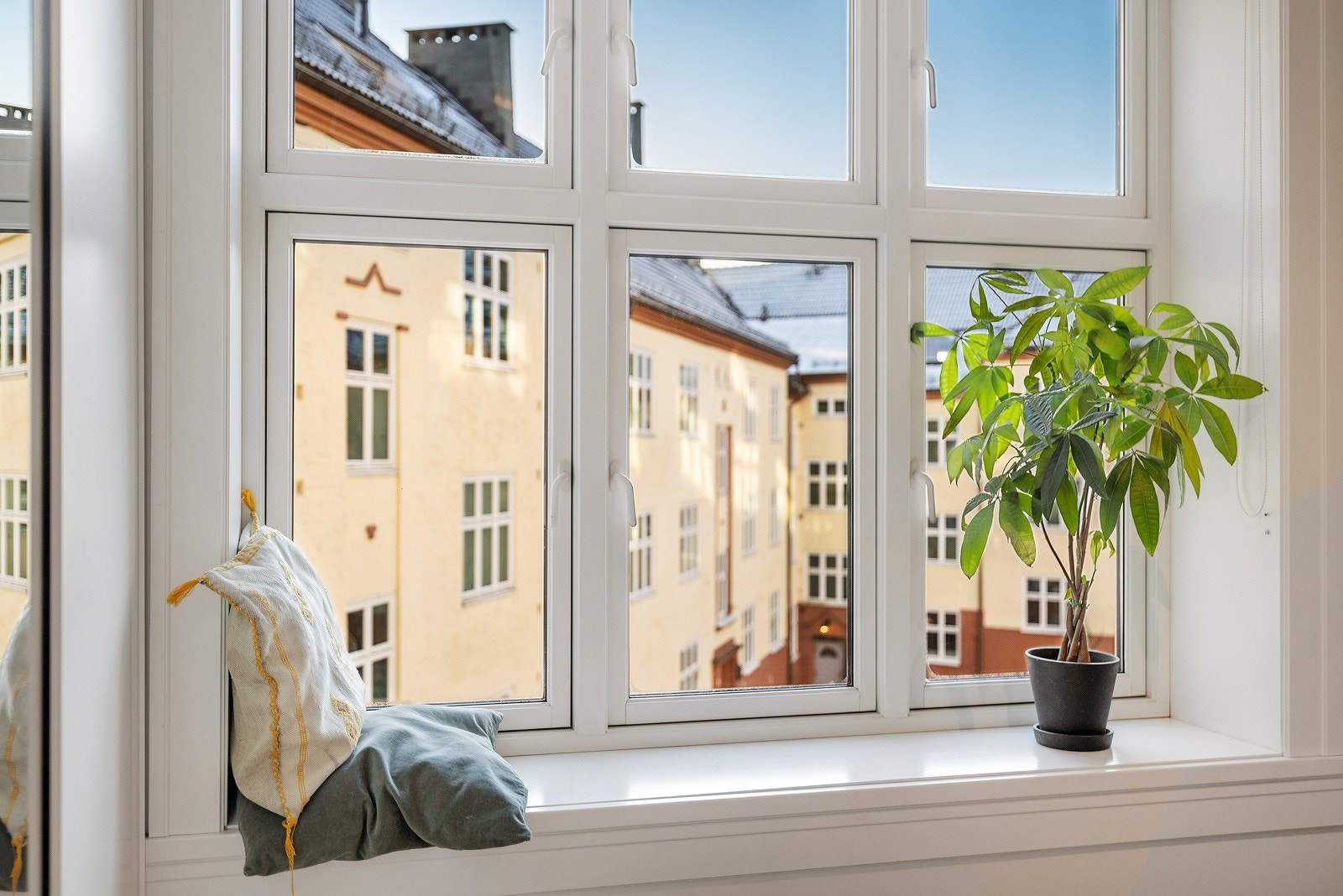 Store vindusflater med flotte dype vinduerkramer. Galleribilde