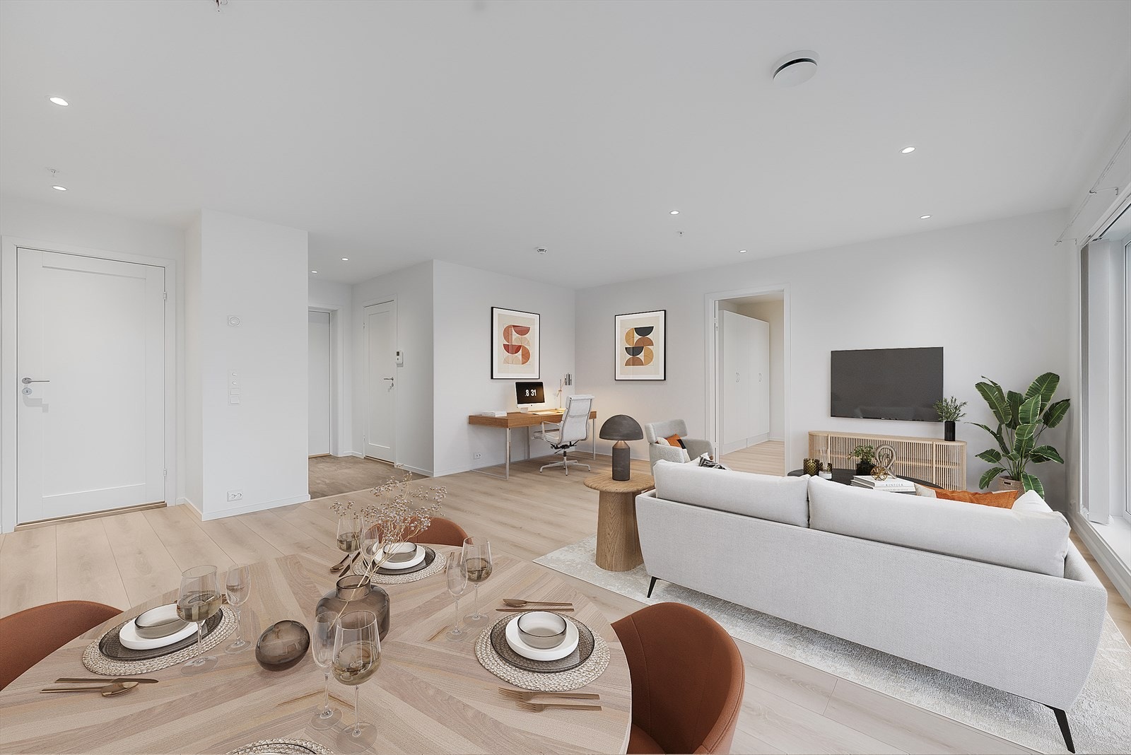 Delikat innredet leilighet med laminat på gulv og malte gipsflater på vegg. Virtuelt møblert. Galleribilde